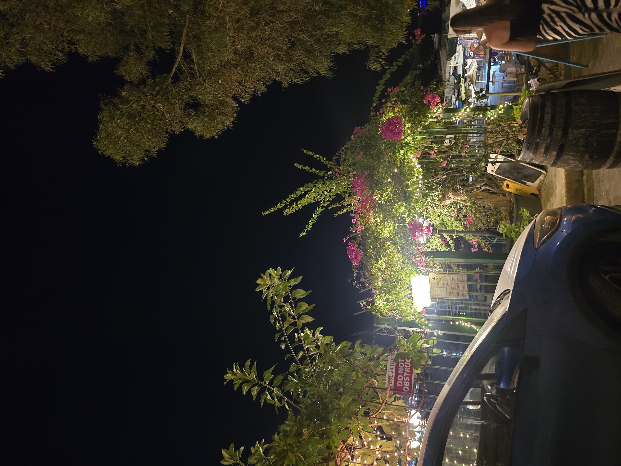 The image captures a dimly lit outdoor scene, likely an evening setting in Valletta, Malta, near a harbor. In the foreground, a blue car is parked on the left side of the frame. A woman with long dark hair, wearing a black strapless top and zebra-print pants, is visible from behind on the right, facing away from the camera. She appears to be walking towards a waterfront area with boats docked. The environment is decorated with string lights and flowering plants, creating a festive atmosphere. A wooden barrel is placed near the center of the image. In the background, a row of boats and waterfront structures are visible. A red sign with white text, partially obscured by foliage, reads "USE 24 HOURS DO NOT OBSTRUCT." The sky is dark, indicating nighttime.