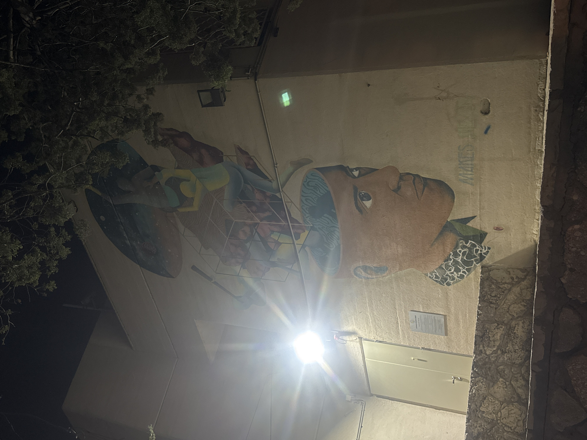 A vertical outdoor shot at night captures a mural on the side of a building in Givatayim, Israel. The mural features a large head with an open mind, revealing geometric shapes and colorful abstract forms inside. The head is tan and appears to be a stylized representation of a person. Adjacent to the head is a structure resembling a wireframe cube, also filled with abstract elements.
The building wall serves as the mural's canvas. A bright light source illuminates the mural and casts a glare in the lower part of the frame. To the left of the mural, a tree with dark foliage is visible. A door and what appears to be a certificate or small sign are fixed to the wall. The texture of the building wall is slightly rough. The lighting conditions suggest it is nighttime.