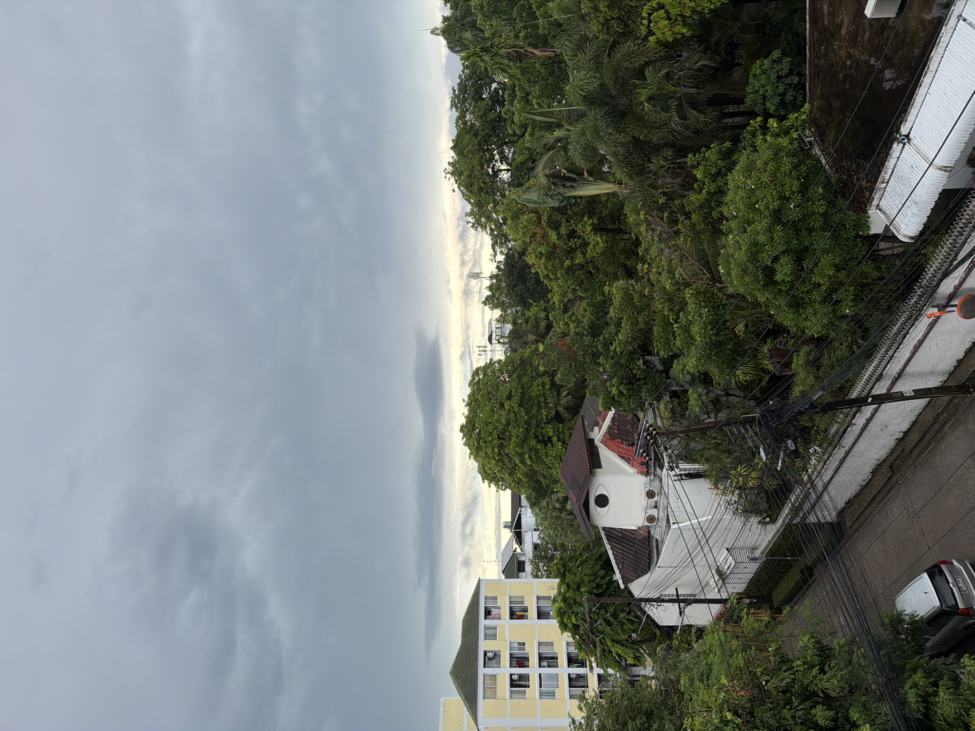 This image depicts an overcast urban landscape, characteristic of a residential or mixed-use area in Bangkok, Thailand. The sky is dominated by thick, grey clouds, with a slightly brighter band of light visible along the distant horizon.
In the lower left foreground, a silver minivan is either parked or slowly moving on a wet, dark asphalt street, facing away from the viewer. The street is bordered by a white concrete wall topped with a barbed or spiked fence, behind which a meticulously trimmed green hedge is visible. Numerous black electrical and communication cables form a dense, tangled network strung across utility poles and buildings throughout the lower and mid-sections of the image.
The midground is densely packed with vegetation and buildings. To the left, a multi-story yellow residential building with a green tiled roof stands prominently. Multiple windows and balconies are visible, with clothes hanging to dry on several balconies. Central to the midground is a distinctive white two-story house featuring a reddish-brown tiled roof. A unique white cylindrical turret-like structure emerges from its roof, displaying a large, circular "eye" motif. Several air conditioning units are mounted on the exterior wall of this house.
The right side of the midground and extending into the background is largely covered by a dense canopy of varied tropical trees and foliage, including broadleaf trees and palm trees, indicating a lush environment. Above the tree line in the background, several distant rooftops and structures are discernible, with multiple communication towers or antennas silhouetted against the brighter horizon on the right.
The wet appearance of the street suggests recent rainfall. No individuals or specific human activities are clearly visible within the frame. The combination of architectural styles, tropical flora, and extensive overhead utility lines aligns with typical urban scenes found in Bangkok, Thailand.