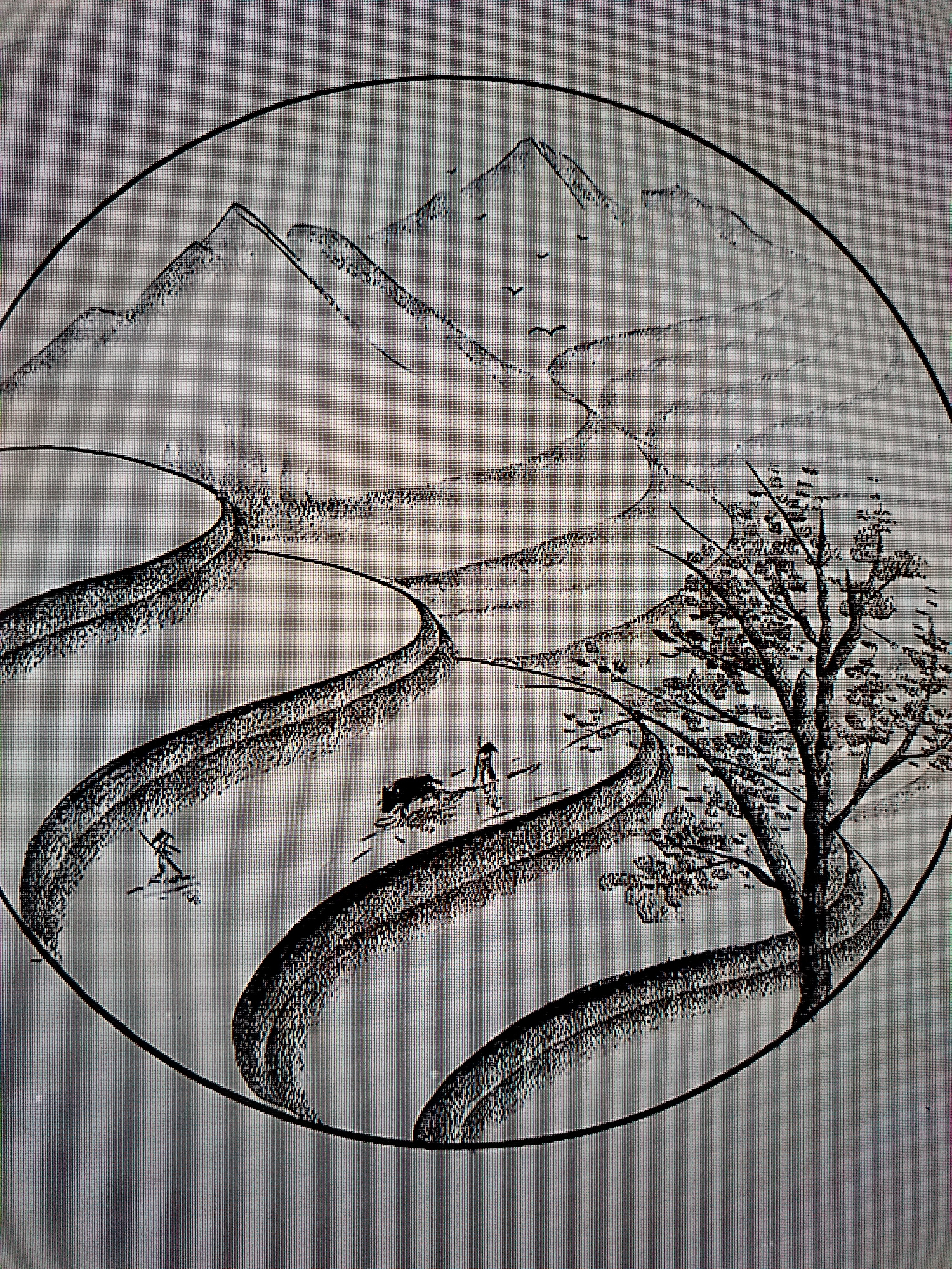 This is a black and white drawing of a winter landscape scene contained within a circle. The scene depicts a winding path through snow-covered mountains, with a few scattered birds in the sky. In the foreground, there are two figures, one walking with a dog and the other standing with a spear. There is also a bare tree with a textured canopy. The drawing is in a minimalist, ink-wash style. There is no indication of the city of Stavropol, Russia, in the image.