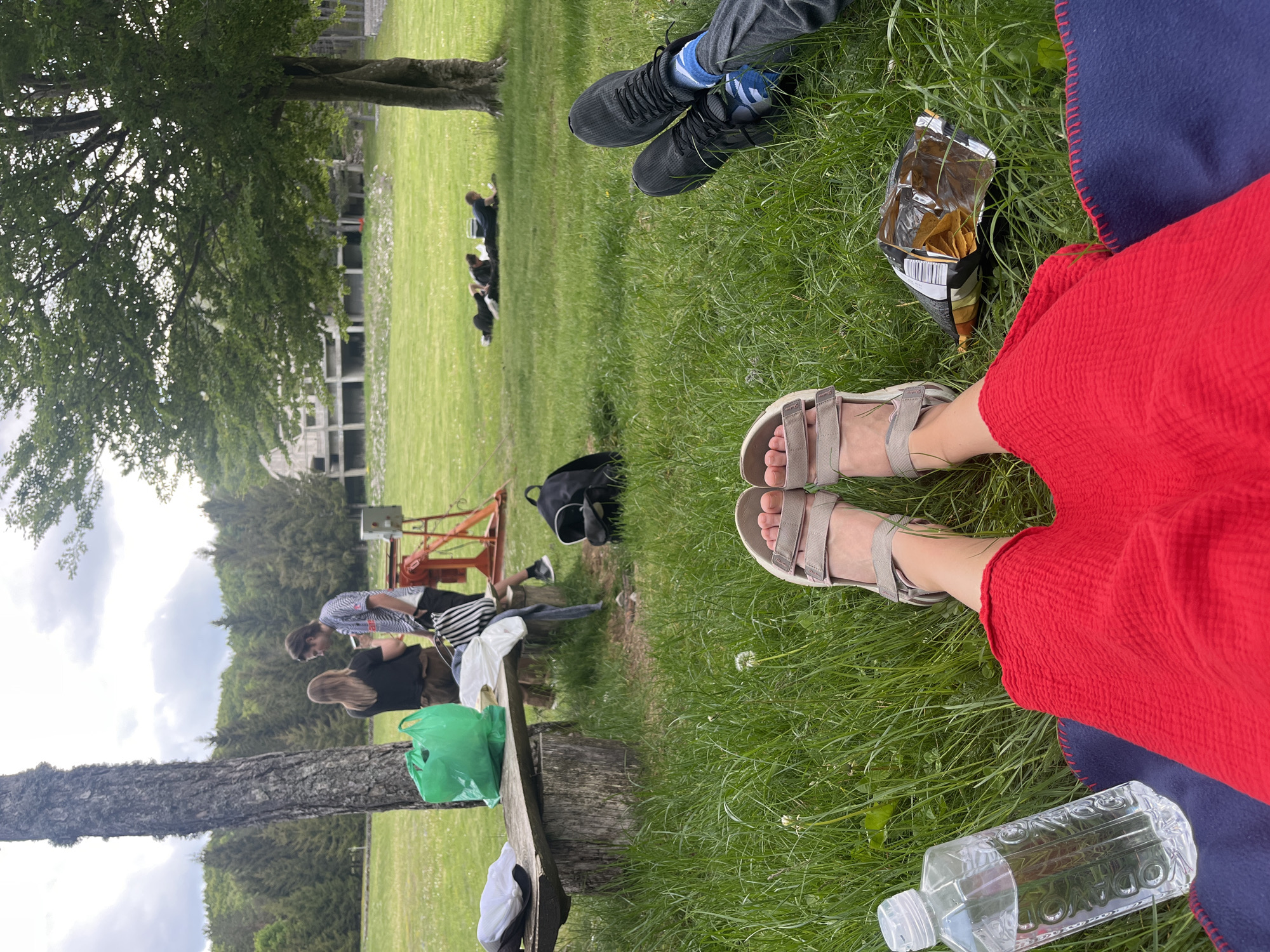 The image shows a partial view of a picnic scene in Velji Bostur, Montenegro. In the foreground, a person wears a red dress and beige sandals while sitting on a blue blanket on a grass lawn. Nearby is a discarded water bottle and an open bag of chips. In the mid-ground, another person wears black shoes and blue socks. A group of people are sitting on a bench under a tree; some are seated at a table nearby. A tree is to the left of the bench. An industrial-looking metal structure stands behind the bench. In the background, there is a low, multi-story concrete structure with windows. Further back, people are lying on the grass. The setting is outdoors on a bright day with green grass and trees.