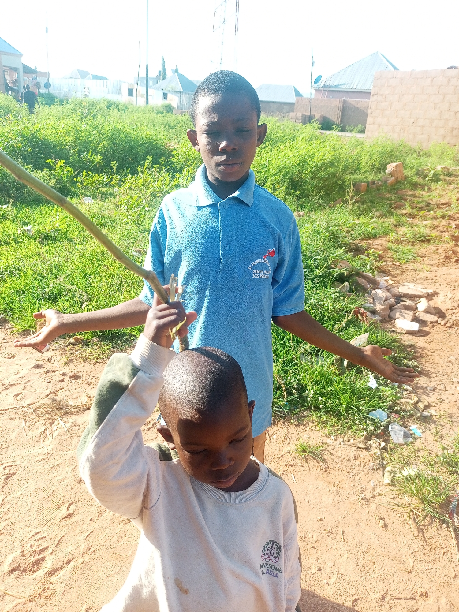 In Tempure, Nigeria, two young boys are captured in a sunlit outdoor scene. The older boy, standing and facing forward, wears a blue polo shirt with a crest that reads "ST FRANCIS CATHOLIC CHURCH, OREGUN, IKEDA, 2022 REVIVAL". He holds a long, thin branch with both hands, extending it diagonally across the frame. His left arm is outstretched, palm open, as if offering something or gesturing.
In front of him, a younger boy, partially visible from the chest up, is looking down and holding the same branch. He wears a white long-sleeved shirt with a circular emblem featuring stylized figures and text that appears to read "ANKSOME LLASIA". The ground beneath them is sandy, with patches of green grass and some scattered debris, including rocks and plastic. In the background, houses with corrugated roofs and brick walls are visible, suggesting a residential area. The overall lighting indicates it is daytime.