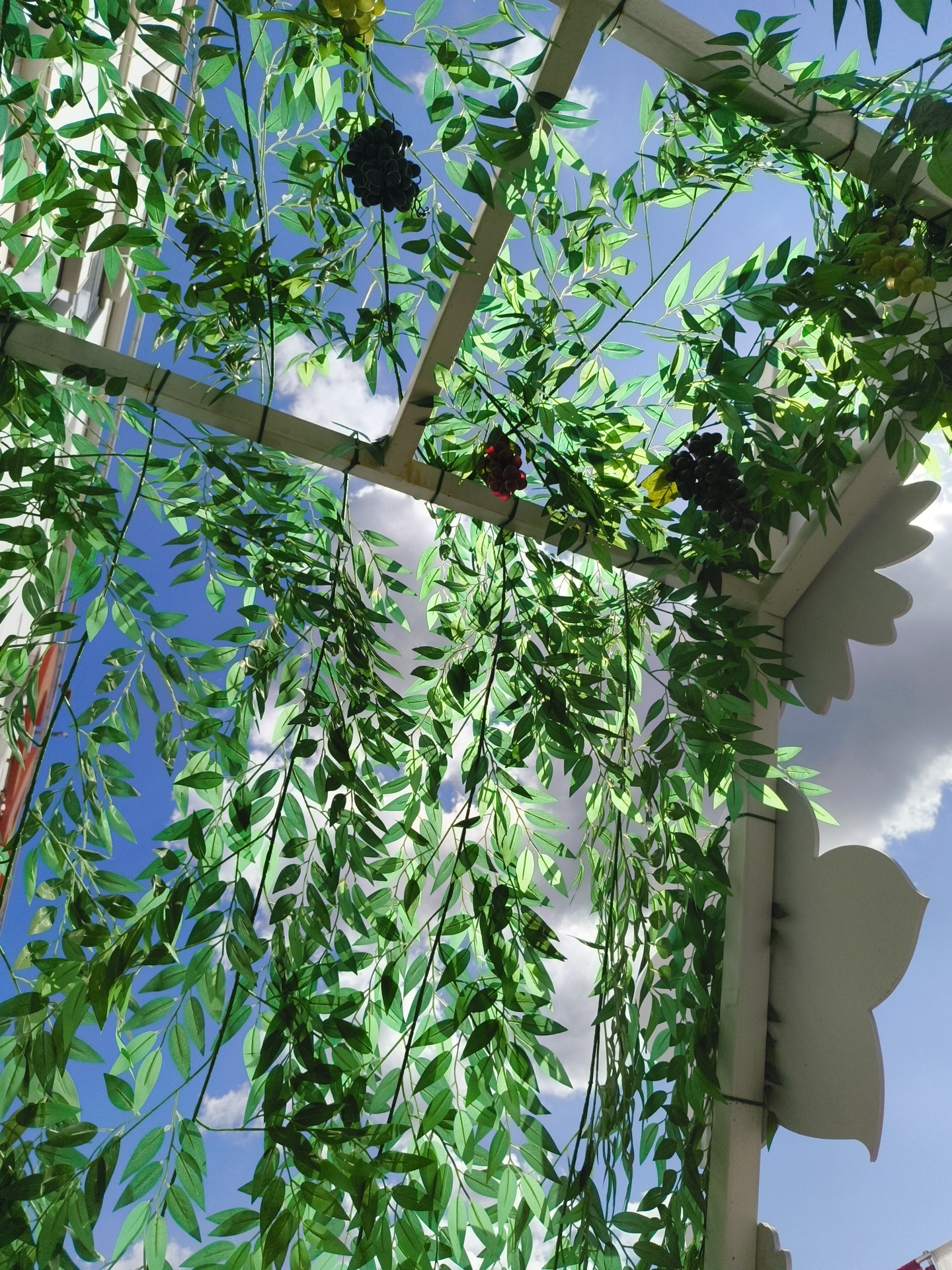 An upward angle shot captures a white pergola structure adorned with lush green artificial foliage and faux grapes, some dark purple and others light green, against a bright blue sky filled with scattered white clouds. The foliage hangs down in long, draping strands, creating a canopy effect. In the background, elements of a building with red and white siding are visible on the left, suggesting an outdoor setting in a city. The lighting indicates it is daytime, likely sunny.