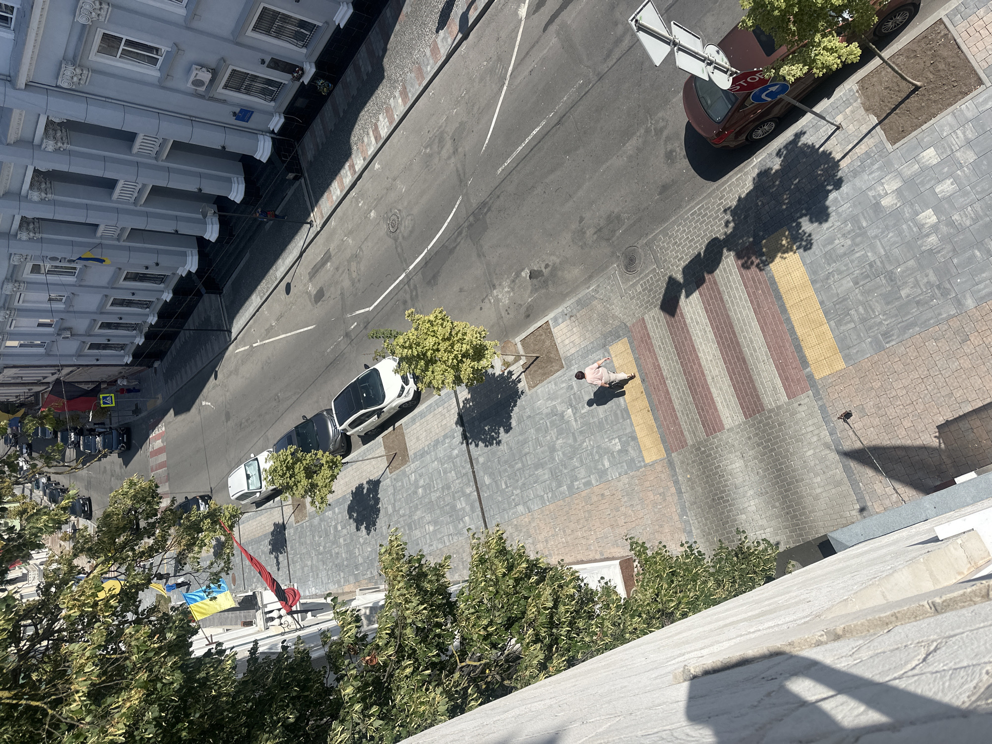 The image shows a street scene in Ternopil, Ukraine. The perspective is from above, looking down onto the street and sidewalk. On the right side of the street, there is a light blue building with columns. Ukrainian flags are visible on the building. The street is paved with asphalt and marked with white lines. Several cars are parked on the side of the street and driving on the road. On the left side of the street, there is a sidewalk made of gray and pink paving stones. Trees with green foliage are planted along the sidewalk. A pedestrian is walking across a crosswalk, which is marked with red and white stripes. There are traffic signs and streetlights visible. The overall scene depicts a typical urban environment on a sunny day.