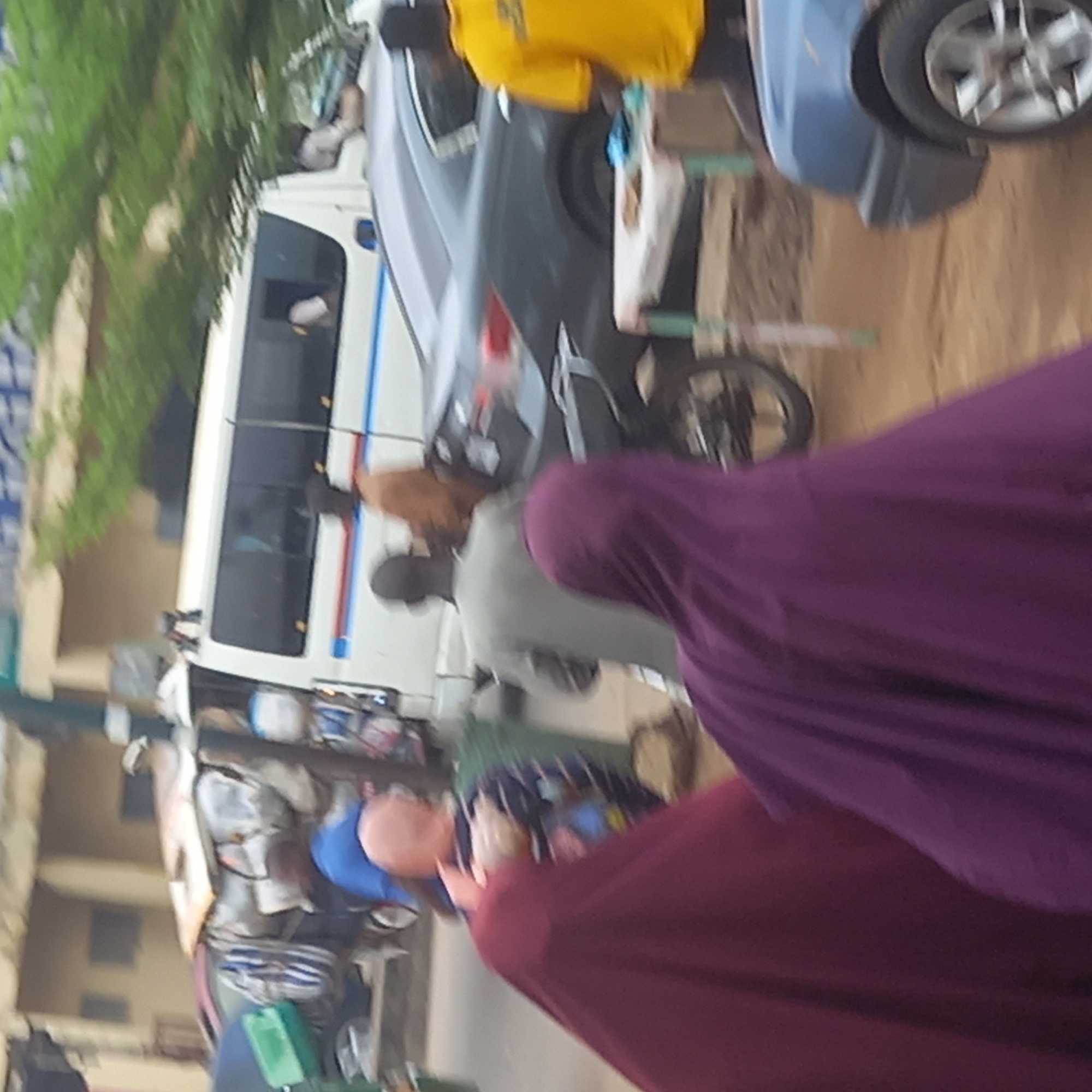 The image shows a street scene in Sardauna, Nigeria. A white bus with blue and red stripes is visible in the background. There are several people present, including individuals wearing purple and maroon hijabs in the foreground. A man with a light brown hat is standing near the bus. Other people are visible in the background, and there is also a car with a yellow shirt draped over it. The surroundings include buildings and foliage, indicating an urban environment.