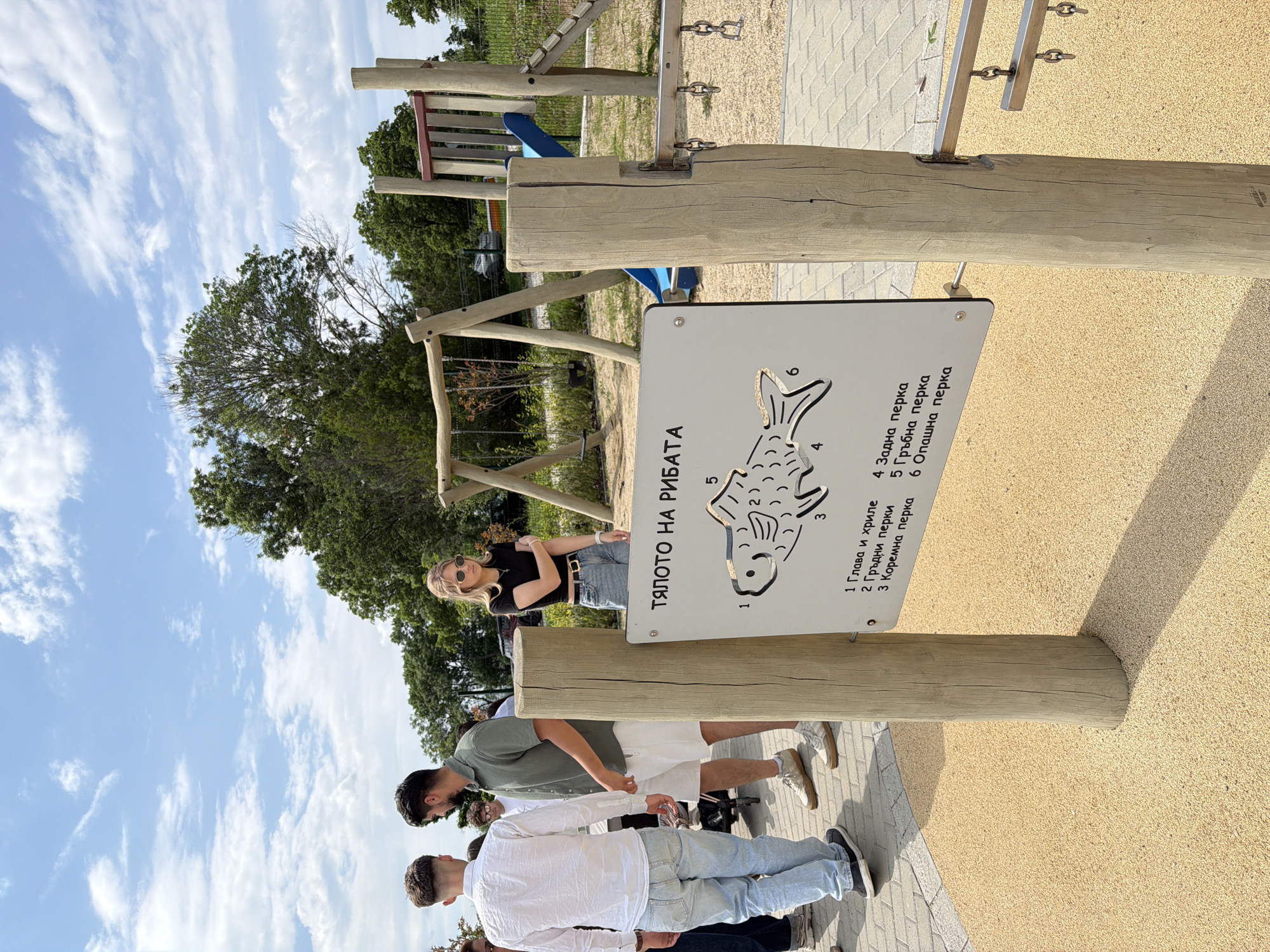 Here is a description of the image:
The image shows a scene in what appears to be a park or recreational area. In the foreground, a wooden structure supports a sign in Bulgarian that details the anatomy of a fish, identifying parts such as the head, gills, fins, and tail. A group of people is standing around the structure, seemingly observing or interacting with the educational display. The central figure is a woman with blonde hair wearing sunglasses and casual attire. Other individuals are partially visible, including a man in a white shirt and jeans, another in a green shirt, and someone in white shorts.
In the background, there are park elements like swings and a slide, as well as trees. The sky is blue with some clouds. The ground is covered with a soft, grainy surface, likely a playground material.
Without additional context, it is not possible to definitively identify the exact location within the city of Burgas, Bulgaria. However, given the presence of a fish anatomy sign and recreational equipment, it could be a park or educational area near a body of water such as the Black Sea.