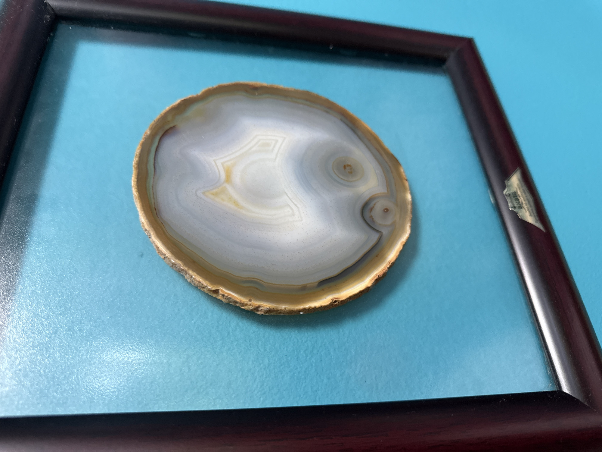 The image shows a framed agate slice against a turquoise background. The frame is dark brown. The agate slice has a light brown rim and concentric bands of grey, white, and cream colors. The object appears to be mounted inside the frame, possibly under glass. The photo provides no information regarding the location in Varna, Bulgaria. There are no people visible.
