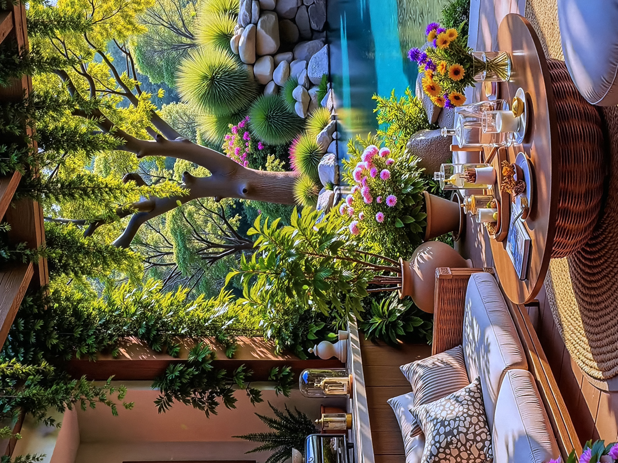 This image depicts a luxurious outdoor patio or garden lounge area, likely situated in Sofiivska Borshchahivka, Ukraine. The scene is bathed in bright daylight, suggesting a sunny morning or afternoon.
In the foreground, a comfortable beige sofa adorned with striped and spotted throw pillows invites relaxation. Adjacent to it, a round wooden table is meticulously set with refreshments. A vibrant bouquet of yellow and purple flowers sits in a clear vase, alongside several glasses containing beverages, some with ice and lemon slices. Small plates hold delectable-looking desserts or snacks, and a book rests on the tabletop. The furniture is placed on wooden planks, with a large, round woven rug underneath.
The patio is enveloped by a lush, meticulously maintained garden. A serene blue-green body of water, resembling a pond or pool, forms a prominent feature, bordered by natural stones. The landscape is rich with diverse flora: large tree branches with verdant leaves, unique spiky spherical green plants, and bushes adorned with cheerful pink flowers. Green climbing vines gracefully drape over wooden beams, creating a natural canopy above the seating area.
No people are visible, but the inviting arrangement of the table and seating suggests a peaceful setting for leisure, dining, or social gathering. The overall ambiance is one of tranquility, comfort, and natural beauty. No legible text is discernible on any objects within the frame.