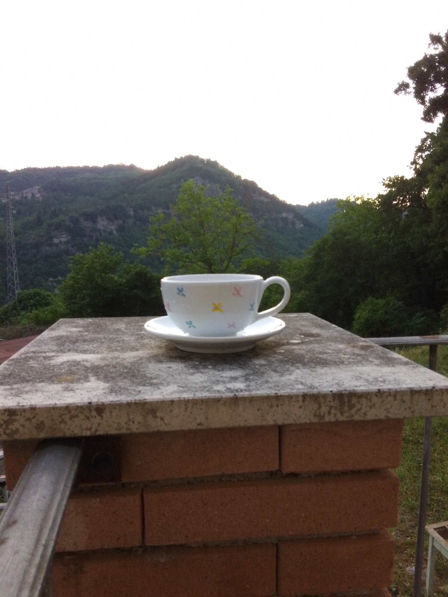 A close-up shot features a white teacup with colorful butterfly designs and its saucer resting on a weathered, textured stone surface. The surface appears to be a capstone on a brick pillar. In the background, a lush green mountainous landscape is visible under a bright, overcast sky. The mountains are covered in dense trees, and a distant communication tower can be seen on the left side of the frame. The scene suggests a serene, outdoor setting, possibly a balcony or patio overlooking a natural landscape in or around Valle Castellana, Italy. The lighting indicates it is daytime, likely morning or late afternoon due to the soft, diffused light.