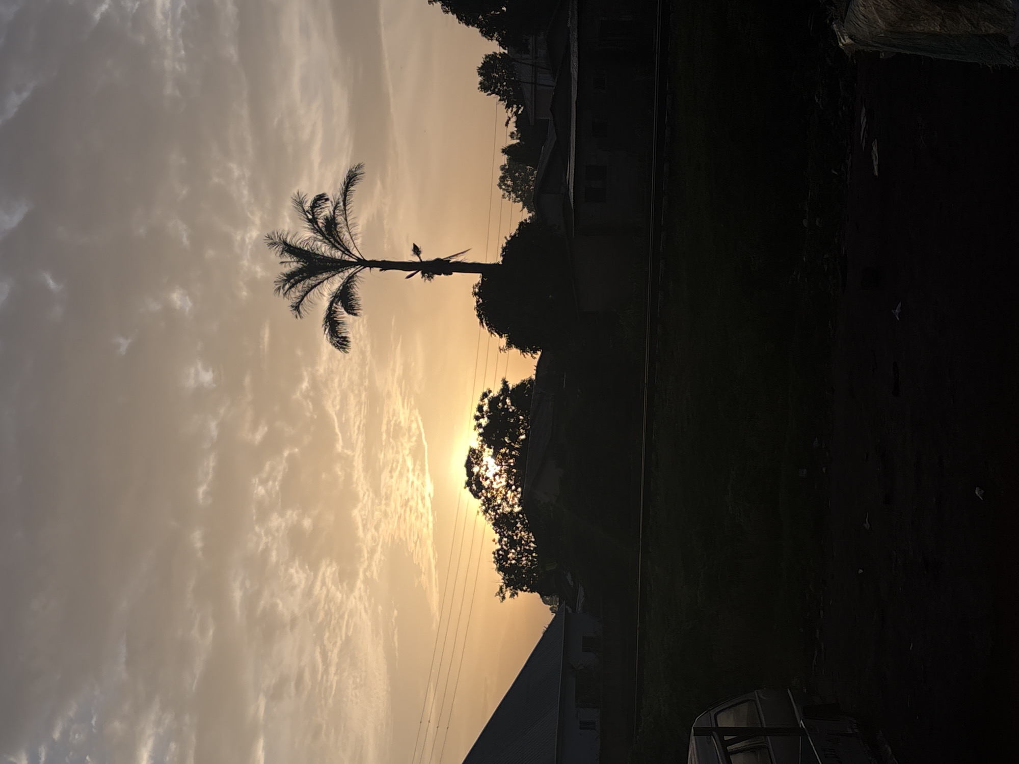 This is a photograph taken at sunrise in Bukuru, Nigeria. The sun is low on the horizon, casting a warm, golden light across the sky, which is filled with scattered clouds. A solitary palm tree stands silhouetted against the sky, its fronds reaching upwards. In the mid-ground, the dark shapes of trees and buildings are visible, with power lines running across the scene. A building with a sloped, dark roof is on the left. The foreground is dominated by darkness, with the partial view of a vehicle on the left. The ground appears to be unpaved and somewhat littered. The overall impression is of a rural or semi-urban setting at the beginning of a new day.