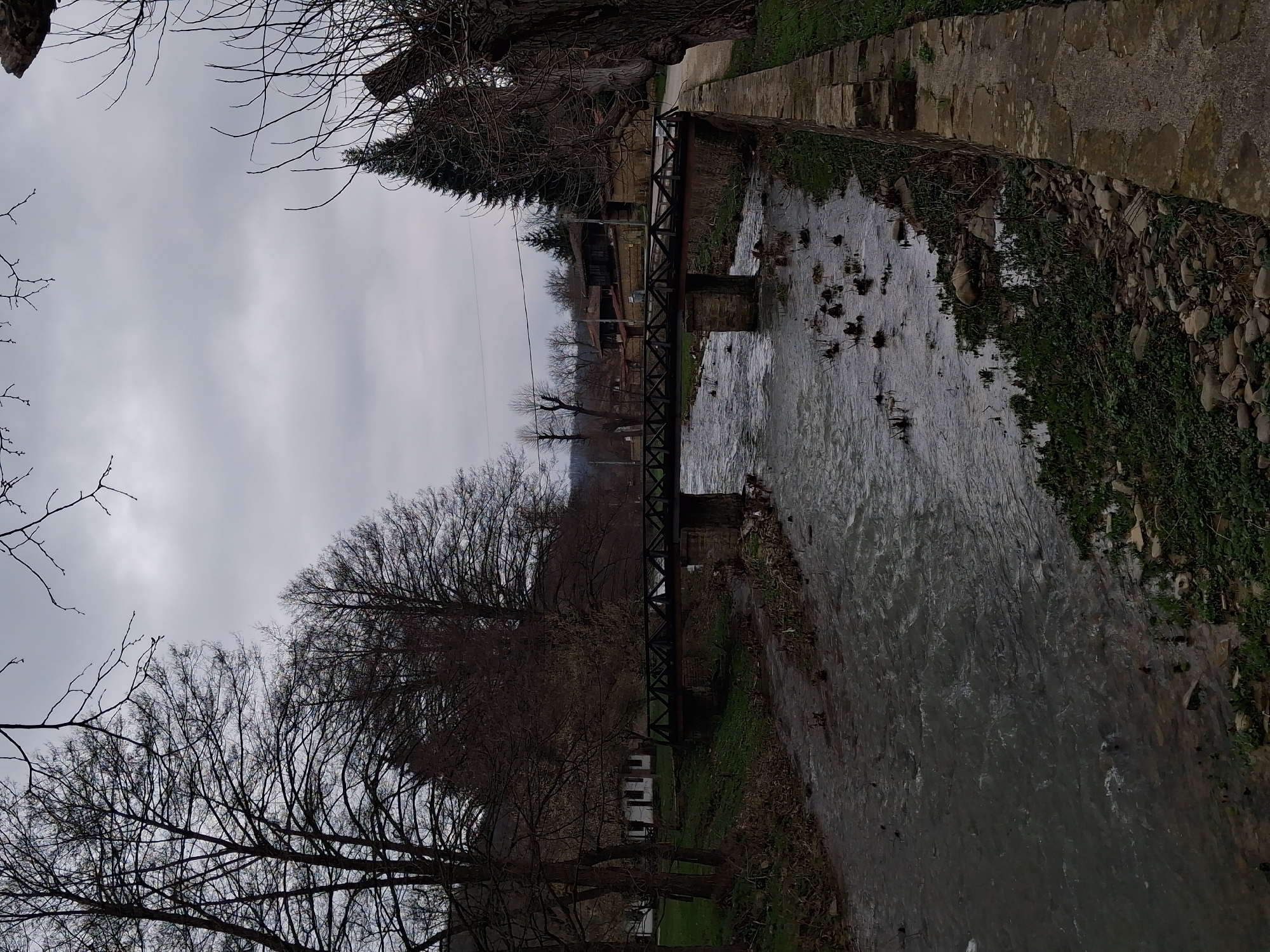 The image depicts a view of a river with a small bridge in Katunishte, Bulgaria. The river flows from the top to the bottom of the frame. The bridge is constructed of dark metal and sits atop stone supports.
The banks of the river are lined with greenery, grass, and rocks. The sky is overcast. Bare trees line the left side of the frame, while a stone path is visible on the right. Some houses and buildings are visible in the distance. There are what appear to be dark blotches which could be ducks on the river. The scene is generally muted in color and tone, suggesting an overcast or late-day setting.