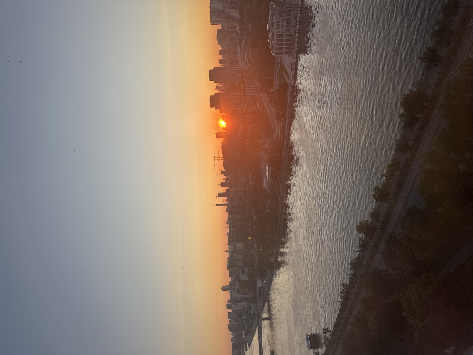 This is an aerial, wide-angle shot of the Moscow River at sunset, looking east over the city. The sun is setting behind a cluster of buildings, casting a warm orange glow across the sky and reflecting on the water. A bridge spans the river in the mid-ground, and a large, modern building with a white facade is visible on the right bank. The riverfront is lined with trees and a road, with more trees in the foreground. Several birds are visible in the sky.