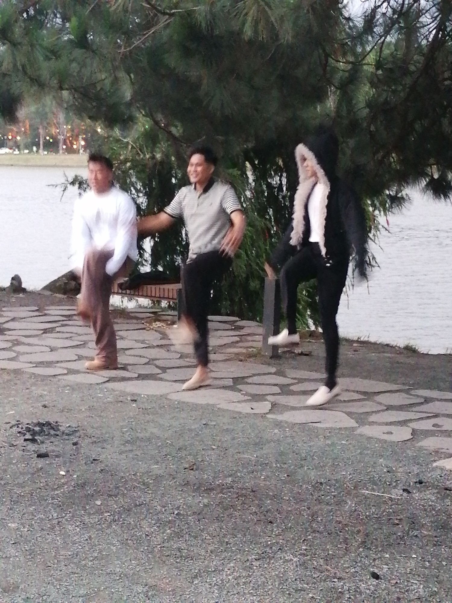 Three individuals are captured mid-motion, suggesting they are dancing or exercising outdoors. The scene appears to be a paved walkway alongside a body of water, likely a lake, with a line of trees in the background. The person on the left, wearing a white long-sleeved shirt and brown pants, is standing with one leg raised. To their right, a person in a striped polo shirt and black pants is also in motion, with their legs blurred from movement. The person on the far right is wearing a black hooded jacket with a furry trim over a white garment and black pants, and their legs are also blurred, indicating dynamic activity. The ground is a mosaic of large, flat stones. In the distance, across the water, lights from what appears to be a park or urban area are visible through the trees. This setting is consistent with the Xuan Huong Lake area in Da Lat, Vietnam, known for its scenic beauty and recreational pathways.