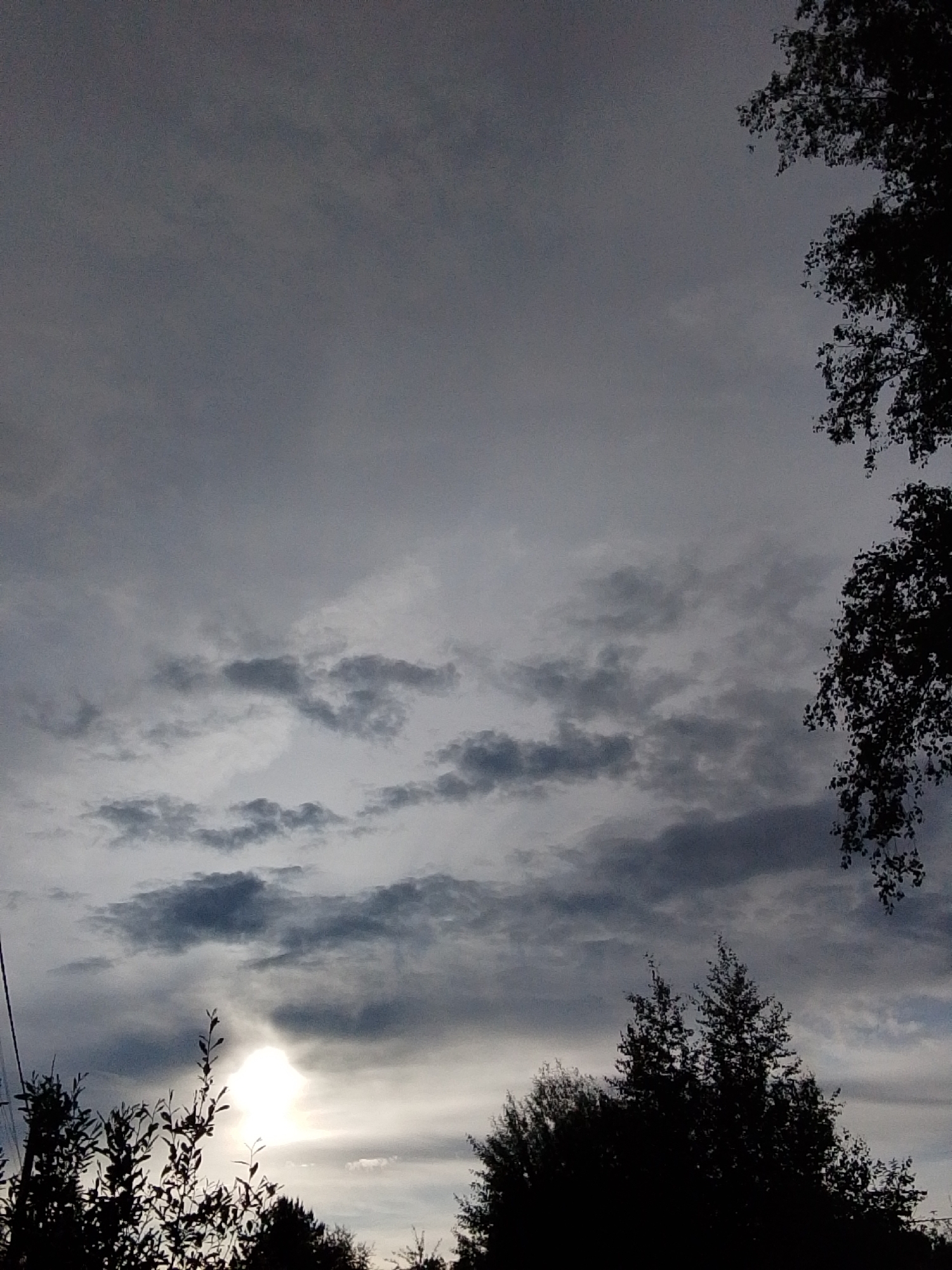 The image captures a sky heavily overcast with dark, textured clouds. Silhouette trees are visible along the bottom and right edges of the frame. A bright spot pierces through the clouds at the lower-center, suggesting the sun. A powerline is seen along the lower-left. The image likely depicts a natural environment on the outskirts of 1-Go Maya, Russia, and the primary subjects are the sky, clouds, trees, and implied sunlight. The environment is natural, with trees framing the view of the sky. No people or explicit interactions are visible.