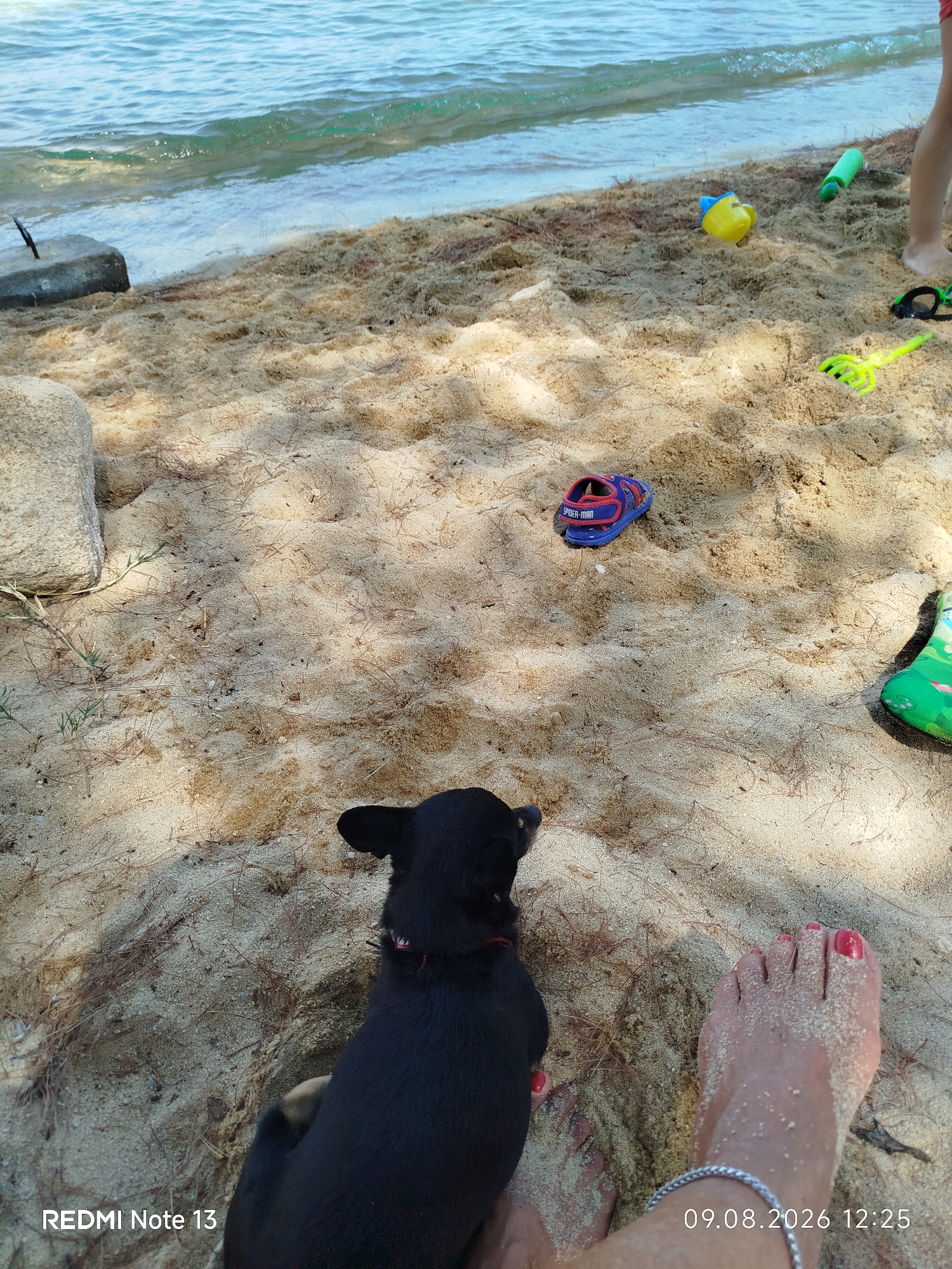 The image captures a beach scene in the Sithonia Municipal Unit, Greece. A small black dog is seated on the sand, facing away from the camera. In the foreground, a person's feet are visible, with one foot adorned with a silver bracelet and red nail polish. The beach is composed of sand with scattered pine needles. Several children's toys are on the sand, including a blue and red sandal with "Spider-Man" branding, a yellow watering can, and a green toy. The sea is visible in the background with gentle waves. The lighting suggests it is daytime, possibly late morning or early afternoon, given the shadow patterns. The timestamp "09.08.2026 12:25" is present in the lower right corner, suggesting the date and time the photo was taken.