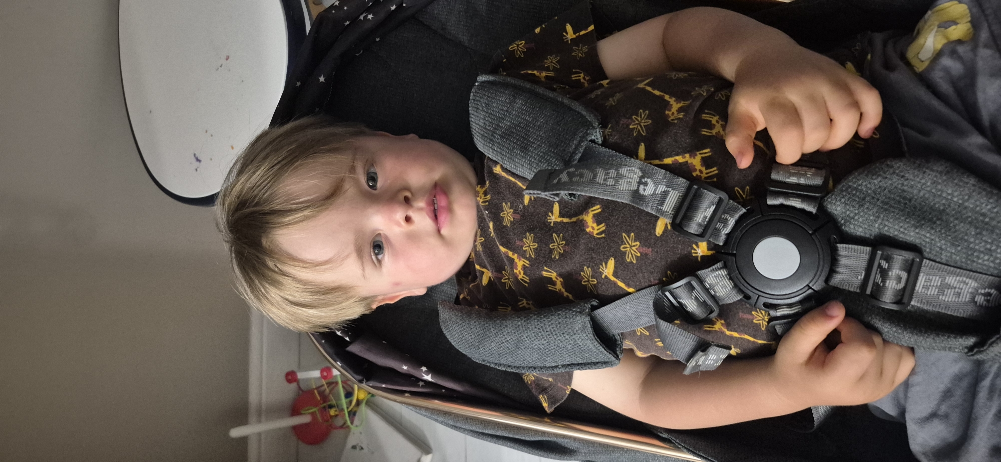 A young Caucasian child with blonde hair and blue eyes sits in a stroller. The child wears a brown t-shirt with a giraffe pattern and is secured by a gray harness. The background includes a wall and some toys. The scene is indoors, in a domestic setting.