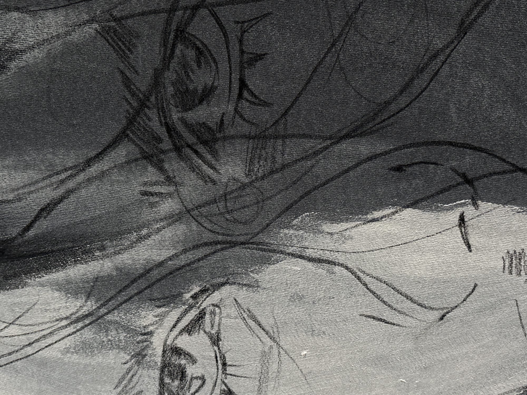 The image appears to be a sketch on canvas. It depicts a scene with abstract, undefined figures and lines. The colors are limited to shades of gray, creating a stark and textural image. The content lacks specific detail to identify a location in Krasnoyarsk, Russia or any other specific locale. There are no clear people, objects, actions, or interactions discernible beyond the abstract shapes and lines. The environment is defined only by the texture of the canvas and the grayscale drawing.