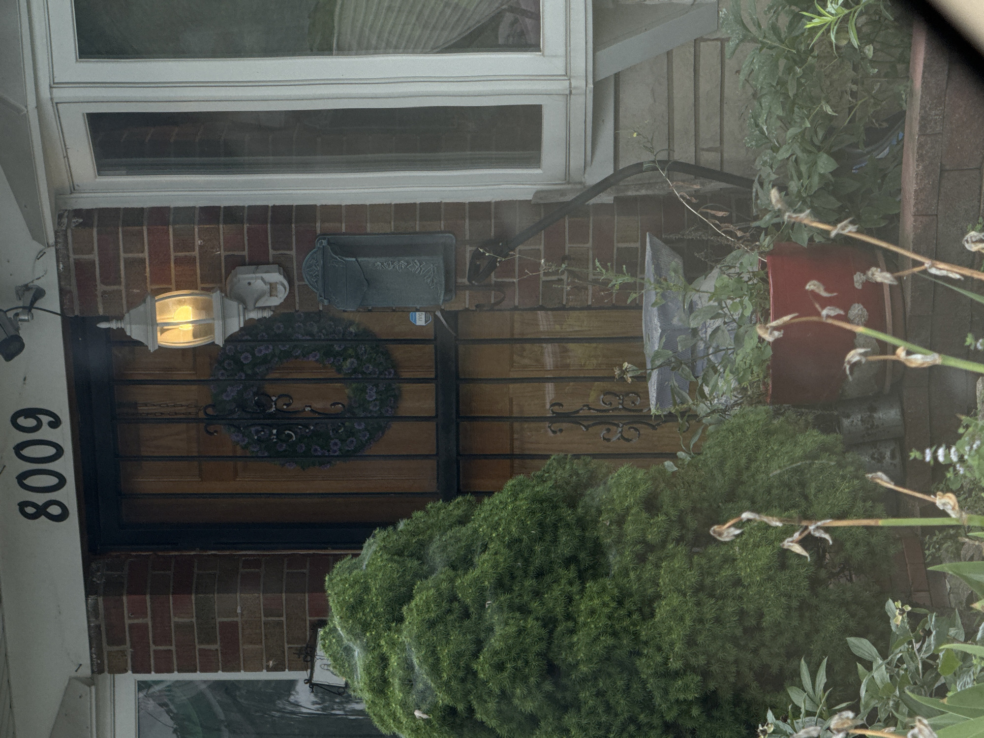 The image shows the front of a house with the address number "8009" displayed prominently above the entrance. The house is constructed of red brick, and the entrance features a wooden door with a metal security grate. A wreath made of purple flowers hangs on the door. To the left of the door, a white outdoor lantern with a lit bulb is mounted on the brick wall. A dark grey mailbox with decorative detailing is also affixed to the wall, below the lantern. To the left of the entrance, a large, well-maintained green shrub is situated, and a portion of a white-trimmed window is visible. In front of the house, a red planter pot contains various green plants, and several dried flower stalks are visible. The image appears to be taken from a slightly elevated vantage point, possibly from a vehicle or a walkway across the street. The surrounding environment suggests a residential area.