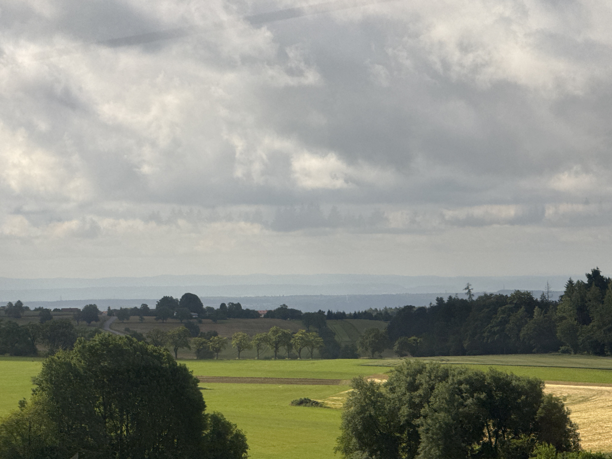 A wide-angle, medium-distance landscape photograph captures rolling hills and a distant horizon under a cloudy sky. In the foreground, a large, dark green tree dominates the left side of the frame, with another similar tree to the right, framing a bright green, sunlit meadow. Further back, a line of lighter green trees stretches across the mid-ground, with a winding, narrow road leading towards buildings nestled among the trees. A patch of harvested golden field is visible on the right side of the meadow. In the background, layers of hazy blue-grey hills recede into the distance under a textured, overcast sky with patches of lighter clouds. The scene depicts a rural environment, likely Strümpfelbrunn, Germany, characterized by agricultural land and forested hills.