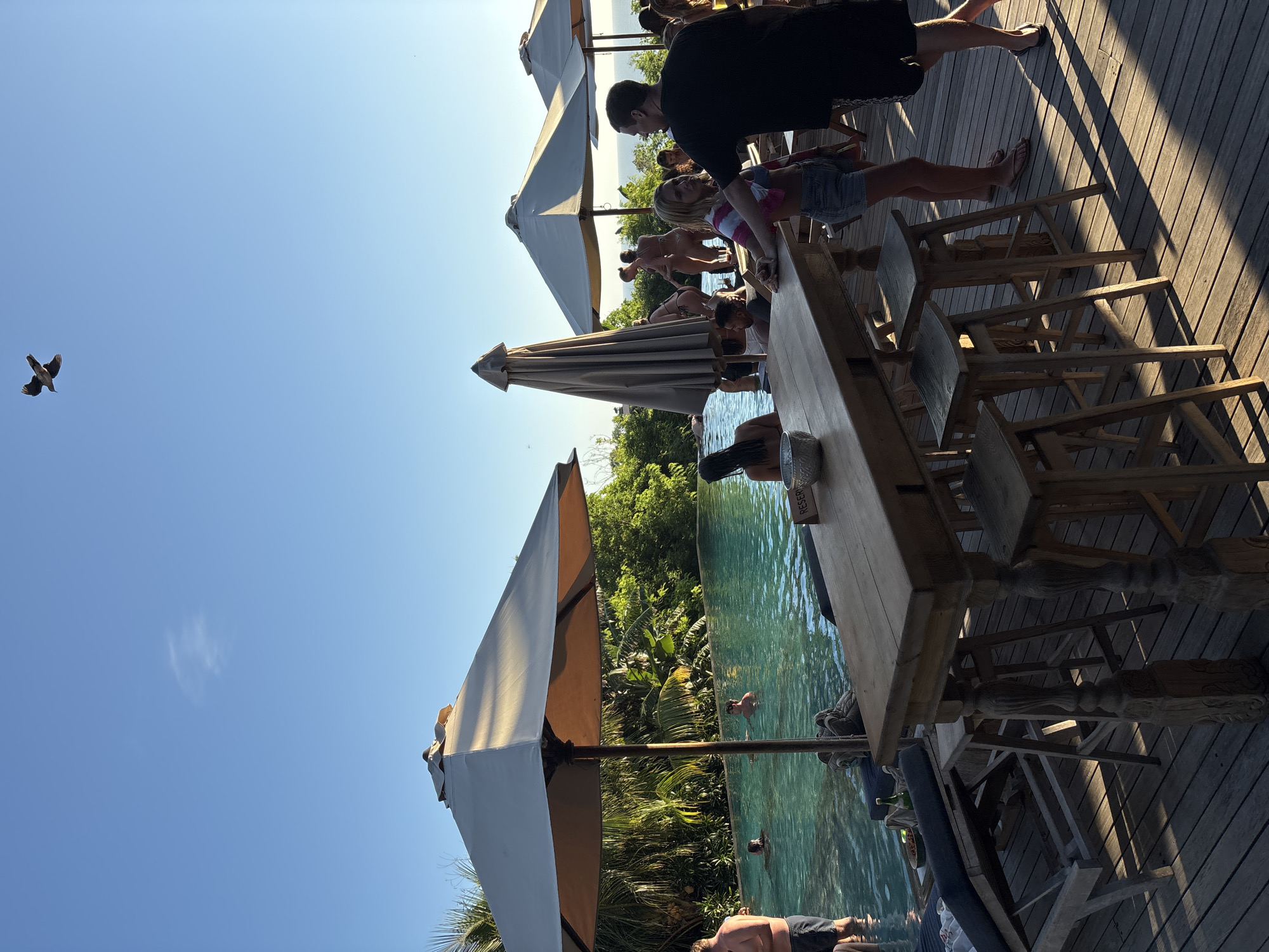 The image shows an outdoor scene in Pecatu, Indonesia. A rectangular wooden table and matching chairs stand on a wooden deck next to a pool of water, bordered by lush green vegetation. Several white parasols provide shade. People are standing or leaning against the table and others are swimming or reclining in the pool. A bird is flying in the clear blue sky above.