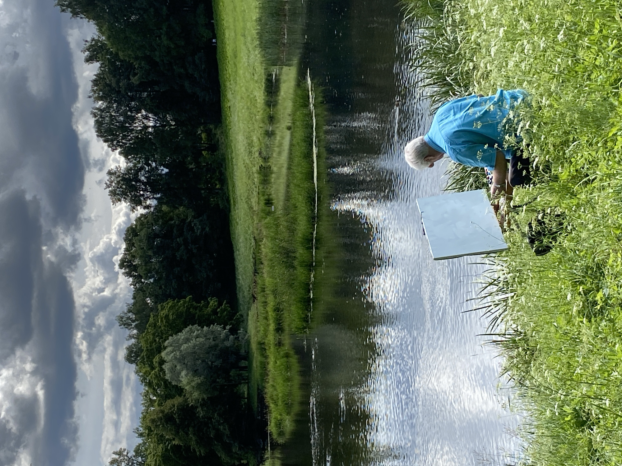 An elderly man with white hair is sitting in a grassy area by a lake, painting on a canvas. He is wearing a bright blue shirt and dark pants. His canvas is propped up on a portable easel. The lake is surrounded by lush green reeds and trees. The sky is dramatic with dark, heavy clouds and patches of lighter sky. The location is Pavlovsk, Russia.
