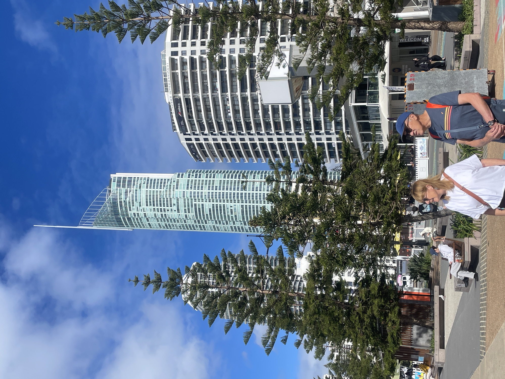 The image captures a daytime scene in Surfers Paradise, Australia, with iconic skyscrapers dominating the background. In the foreground, two people, a woman with blonde hair and glasses wearing a white top and a man wearing a blue cap, a blue t-shirt with stripes, and an orange backpack, are walking. The woman is on the left and the man is on the right. They appear to be walking towards the right of the frame. Behind them, several large Norfolk pine trees stand tall, their distinctive branch structures reaching towards the bright blue sky dotted with white clouds.
Beyond the trees, the distinctive silhouette of the Q1 Tower, a prominent residential skyscraper, is visible on the left. To its right, a curved, white multi-story building, likely a hotel or apartment complex, is also visible. Further to the right, another white residential building with multiple balconies can be seen.
In the mid-ground, there's a paved area with benches, some of which are occupied by other individuals. A small seagull is present on the ground in the mid-left section of the image. The environment suggests a public space, possibly a promenade or park area adjacent to the beach, given the coastal vegetation and the presence of people relaxing outdoors. The overall atmosphere is bright and sunny, indicative of a pleasant day.