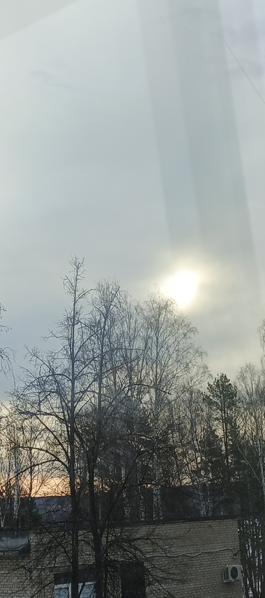 The image appears to be taken from indoors, looking out a window at a scene in the city of Chaikovsky, Russia. The sky is overcast with the sun visible through the clouds. The foreground is dominated by bare trees, suggesting it is late autumn or winter. In the background, there is a building with a brick facade and an air conditioning unit mounted on the exterior wall. Some additional trees are visible behind the building, including some evergreen varieties. An orange glow can be seen behind the structure of the building. There are no people visible in the scene.