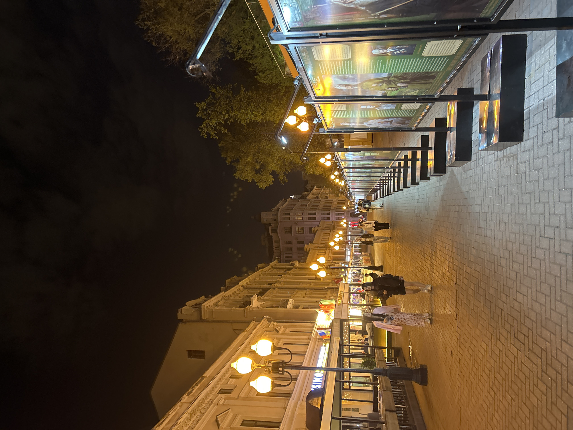 A nighttime scene depicts a street in an unknown city. The street is illuminated by rows of streetlights and lined with buildings on both sides. The road itself appears to be paved with bricks. Several people are walking along the street, and there are signs and structures that suggest commercial activity. Trees are visible on the left side of the street. The sky is dark and devoid of detail.