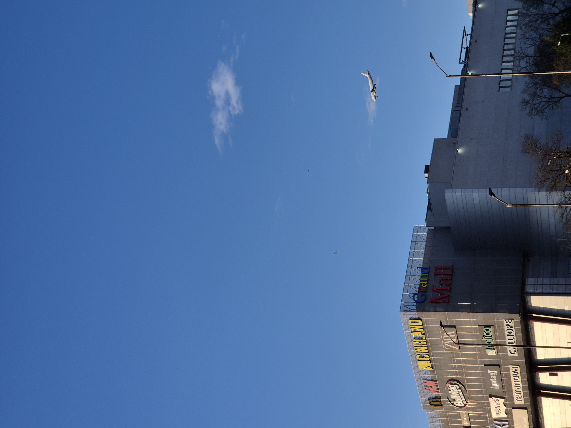 The image shows the Grand Mall Varna in Varna, Bulgaria, from a low-angle perspective. The building is tall and modern, with visible signs for brands like ZARA, Calliope, and others. The sky is clear blue with a few white clouds. An airplane is visible in the sky. A small bird is also visible in the sky. Street lights are also visible near the building.