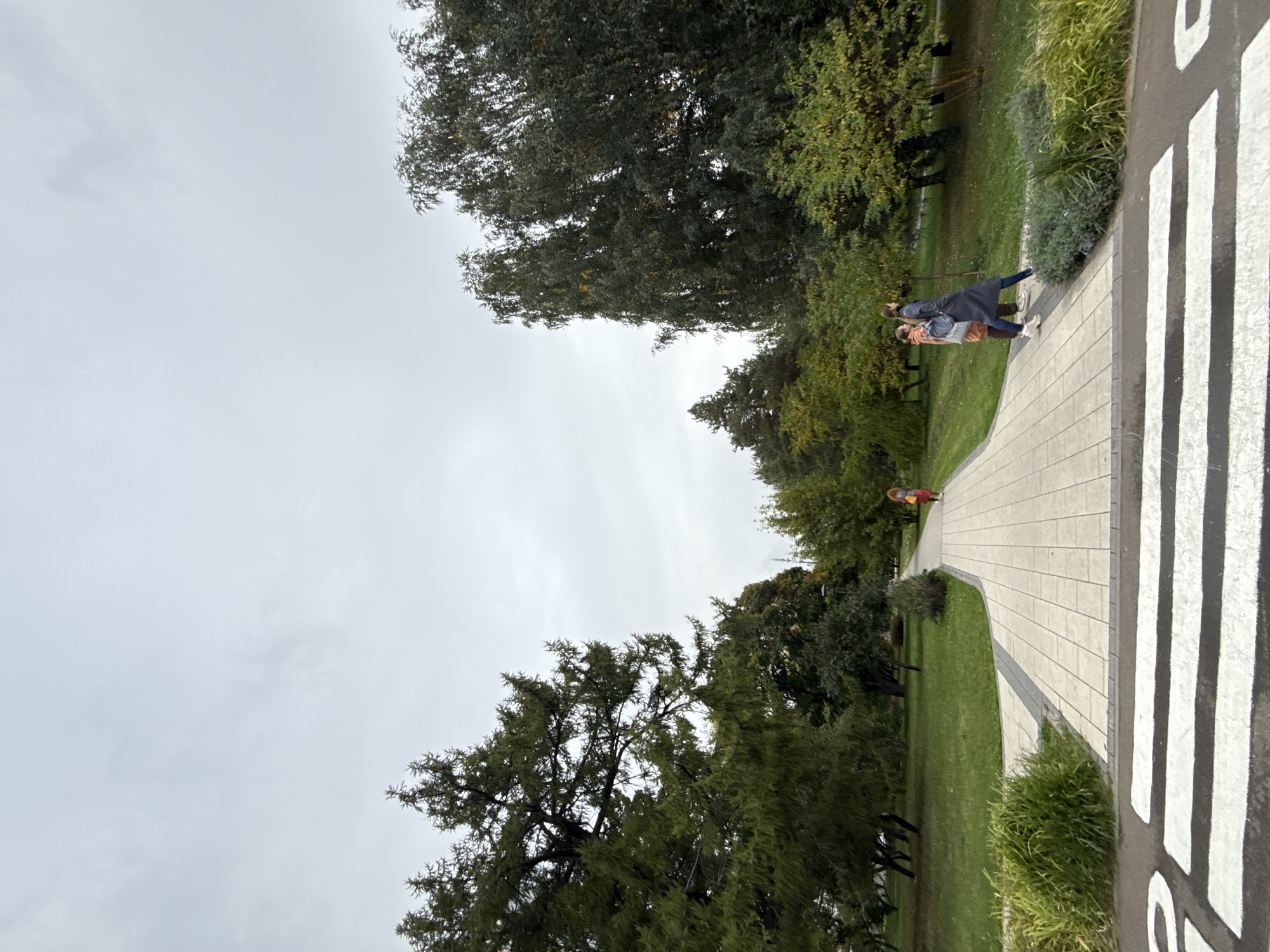 In Moscow, Russia, on an overcast day, a pedestrian pathway paved with light-colored rectangular tiles winds through a park. The pathway curves to the right, and a crosswalk with thick black and white stripes is visible in the foreground. To the left of the pathway, lush green grass covers the ground, and a dense clump of tall, green grass is positioned near the crosswalk. To the right, a strip of gray gravel is adjacent to the pathway, followed by low-lying, dense green bushes.
Two individuals are walking on the pathway. The person in front is wearing a dark coat and jeans, and is carrying a gray backpack. They appear to be walking across the pathway in a sideways motion. The second individual is wearing a brown jacket and lighter pants and is walking behind the first person, also on the pathway. In the distance, a person in an orange outfit with a yellow bag is walking away from the camera on the pathway.
The park is populated with various trees. Tall, dark green evergreen trees are prominent on the left side of the image, with their branches extending upwards and outwards. On the right side, there are tall deciduous trees with dark green leaves, some appearing to have yellow tinges, suggesting an autumnal transition. The sky is a uniform pale gray, indicating cloudy conditions.