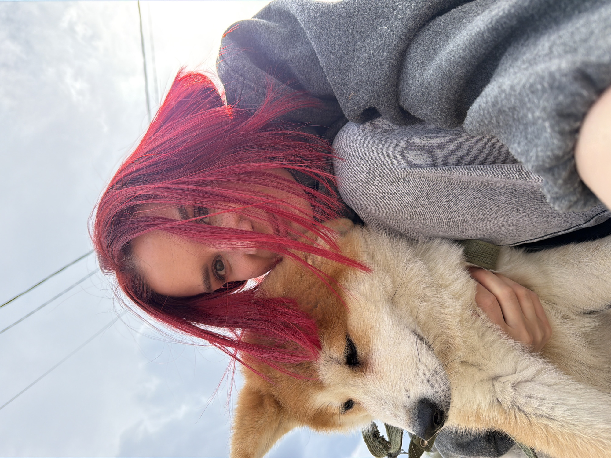 This image captures a close-up, low-angle perspective of a person embracing a dog, set against a bright, cloudy sky in Chaikovsky, Russia.
The primary subjects are a person with vibrant, long red hair and a medium-sized dog, resembling an Akita, with cream and light brown fur. The person's face is partially hidden by their flowing red hair, with one eye clearly visible, looking directly at the viewer. They are dressed in a thick, textured grey sweatshirt or hoodie, with their arm gently wrapped around the dog, suggesting an affectionate cuddle or embrace.
The dog's head and upper body dominate the lower portion of the frame, pressed close to the person. Its fur appears soft and dense, with cream-colored patches and light brown markings, particularly around its ears and snout. A hint of a green collar or harness is visible near its neck. The dog's eyes are mostly obscured, but its posture conveys calmness and comfort.
The activity depicted is a moment of tender interaction and companionship between the person and their pet. The unusual upward camera angle places the subjects against an expansive, bright, and slightly overcast sky, which serves as the main background. Faint power lines are visible crossing the upper left corner of the sky, indicating an outdoor setting, likely a park or open area during daytime. There is no visible text in the image. The overall impression is one of warmth, affection, and a strong bond between the two subjects.