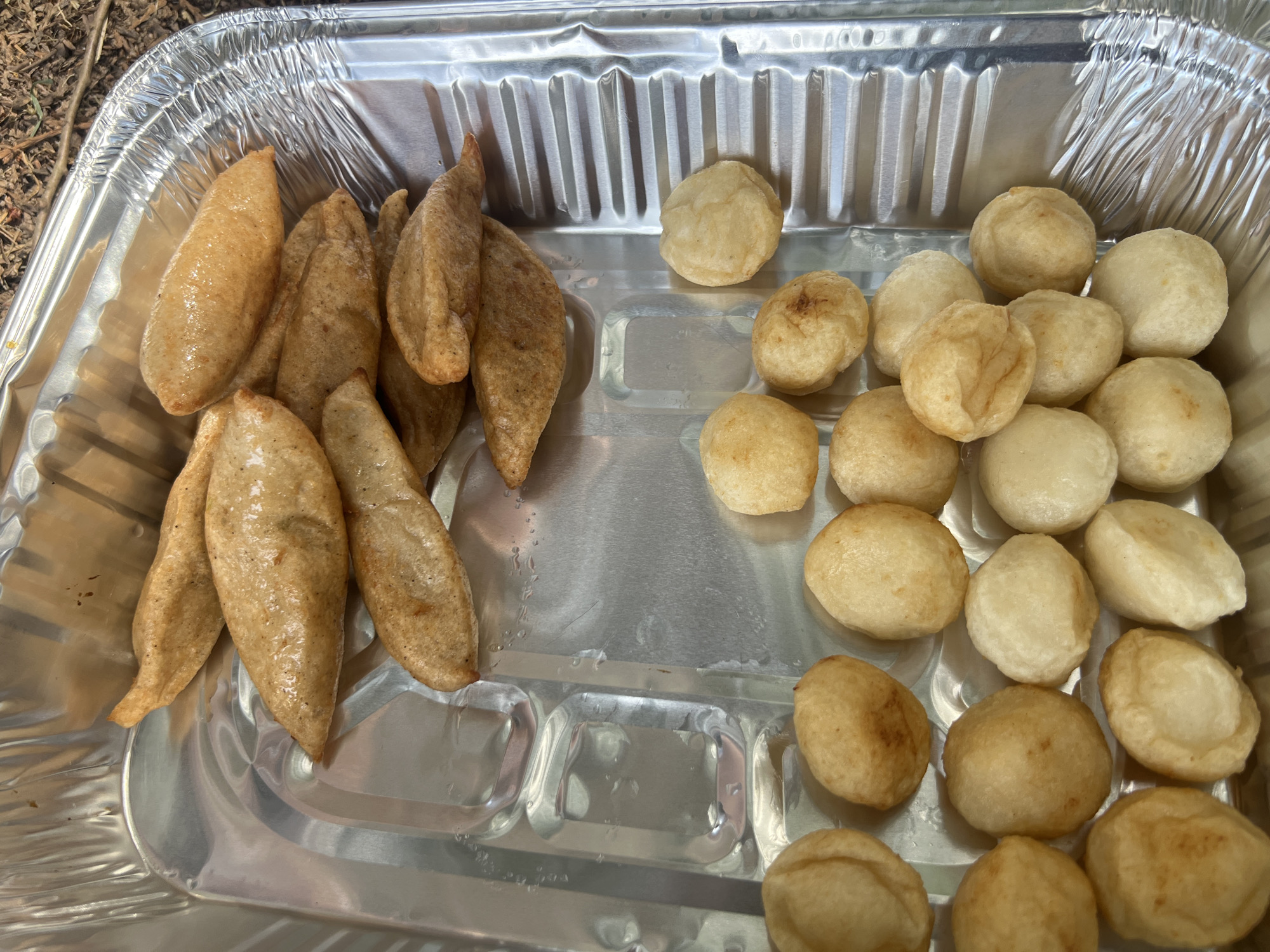 In an aluminum tray, there are two distinct types of food. The upper portion of the tray holds several elongated, oval-shaped items that are a light brown color. They appear to be fried and have a slightly irregular surface. Below these, in the lower portion of the tray, are numerous small, round, ball-shaped items. These are also light brown to off-white in color and seem to have a softer texture. The tray itself is placed on a surface that appears to be soil and possibly some dry leaves or twigs. The lighting suggests an outdoor environment.