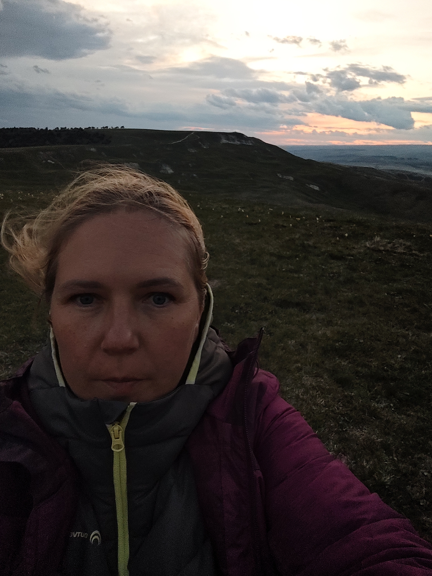 A selfie depicts a fair-skinned woman with blonde hair and blue eyes in a grassy landscape at dusk. The woman is wearing a plum-colored jacket over a gray vest with a lime green zipper. Her hair is windswept, and she has a serious expression. Behind her, a hill slopes down to a flatter area, with a thin treeline visible in the distance. The sky is cloudy, with a hint of orange and pink on the horizon. The location is Unknown, Unknown.
