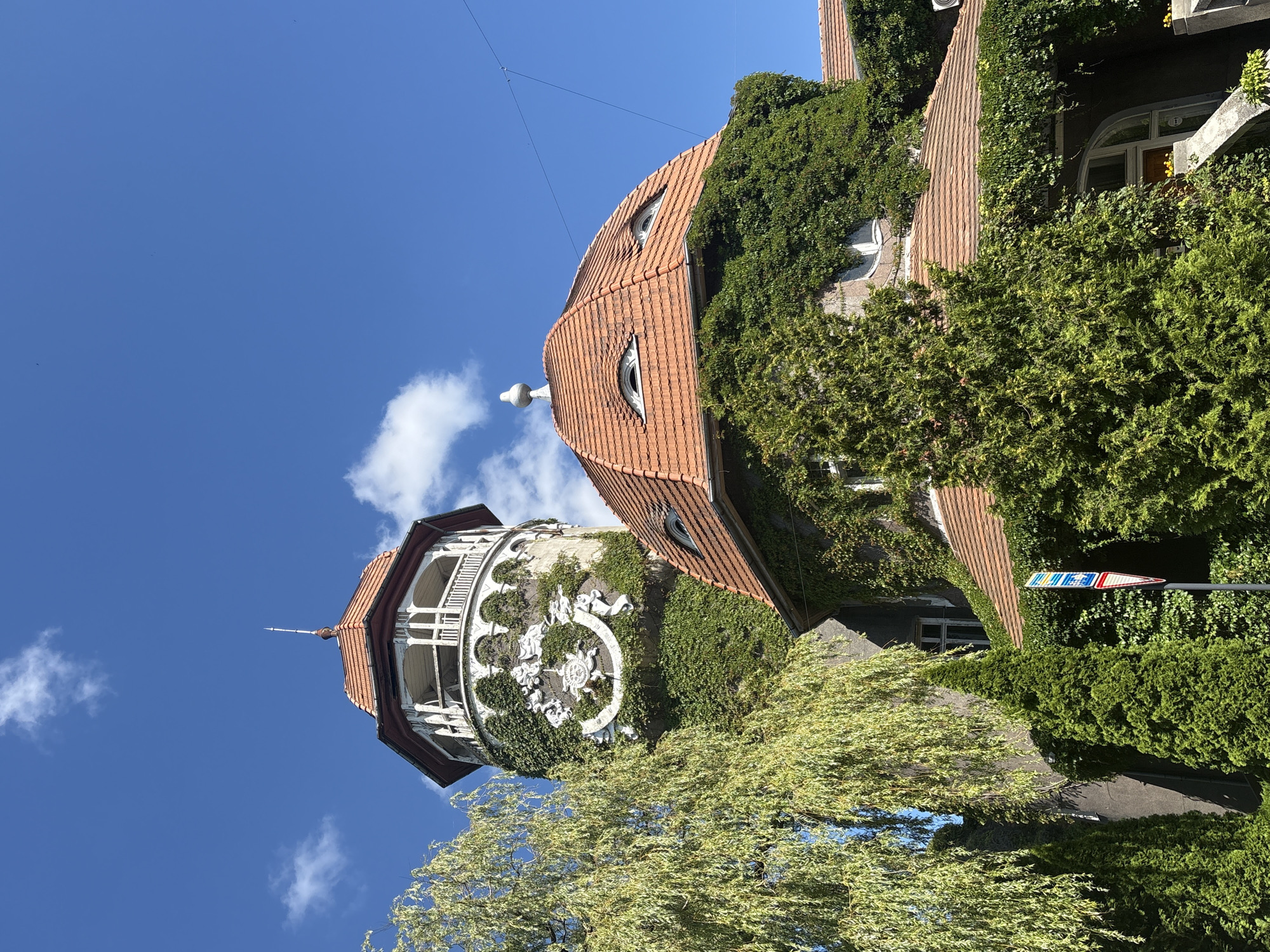 The image captures a portion of the Water Tower in Svetlogorsk, Russia, a landmark structure characterized by its distinctive architecture and abundant greenery. The tower, a tall, circular building, is extensively covered in ivy, with a red-tiled, hexagonal roof topped by a spire. Below the roof, a circular balcony with white railings and decorative white stucco elements is visible.
Adjacent to the tower is another section of the building, featuring a domed roof also covered in ivy. This dome has two unusual, eye-shaped windows. The building's facade is a mix of dark stone and the dense green ivy, creating a striking contrast.
In the foreground, a large weeping willow tree with drooping branches dominates the left side of the frame, its delicate green leaves shimmering in the sunlight. To the right of the willow and in front of the building, several evergreen trees stand tall and conical. A bus stop sign, with colorful icons indicating public transport routes, is also visible on a pole amidst the foliage.
The sky above is a vibrant, clear blue, with a few scattered white clouds adding depth to the scene. The overall impression is one of a historic building harmoniously integrated with nature, bathed in bright daylight.