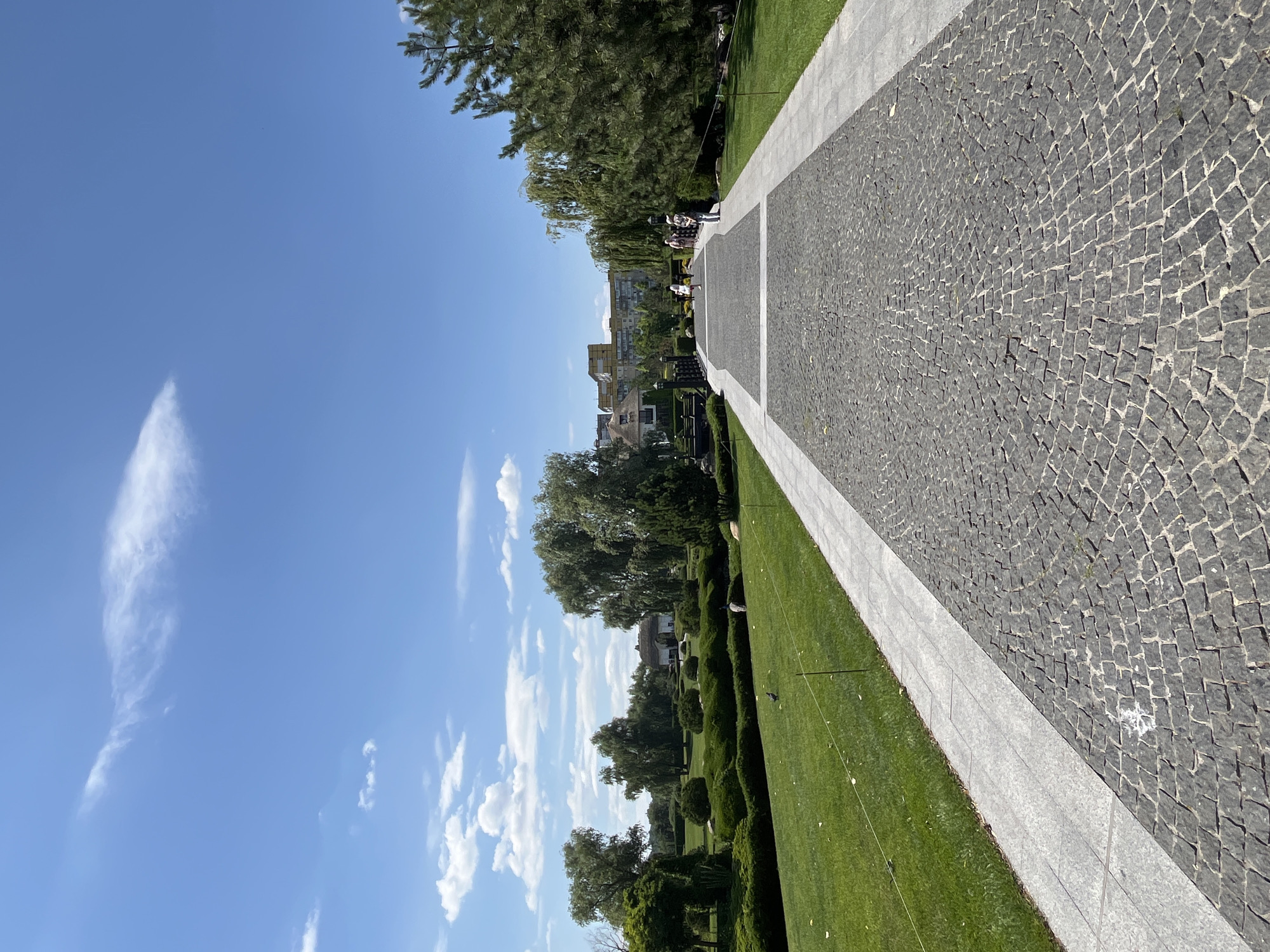 The image shows a wide, paved walkway made of dark cobblestones, curving slightly into the distance. The walkway is bordered by manicured green lawns and neatly trimmed bushes. Several trees, some with weeping branches, are scattered throughout the park-like setting. In the background, a few buildings with light-colored facades and darker roofs are visible, along with a portion of a blue sky with scattered white clouds. Two people are walking away from the camera on the walkway in the mid-ground, and one person is walking towards the camera. A few birds are visible on the lawn. This scene is located in the Dnipro city botanical garden in Dnipro, Ukraine.