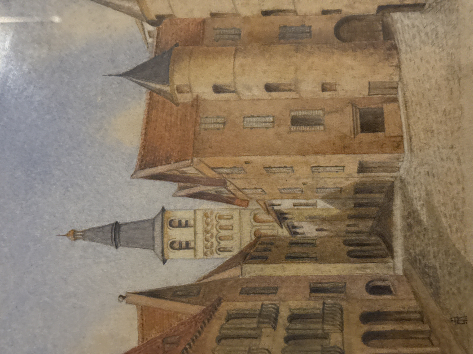 The image is an artwork depicting a European city scene, likely Milan, Italy. The buildings are primarily rendered in shades of brown, suggesting stone or brick construction. A church tower with a grey spire is visible in the lower portion of the image. The sky is a pale blue. The perspective gives the impression of looking up from a narrow street, with buildings towering on either side.