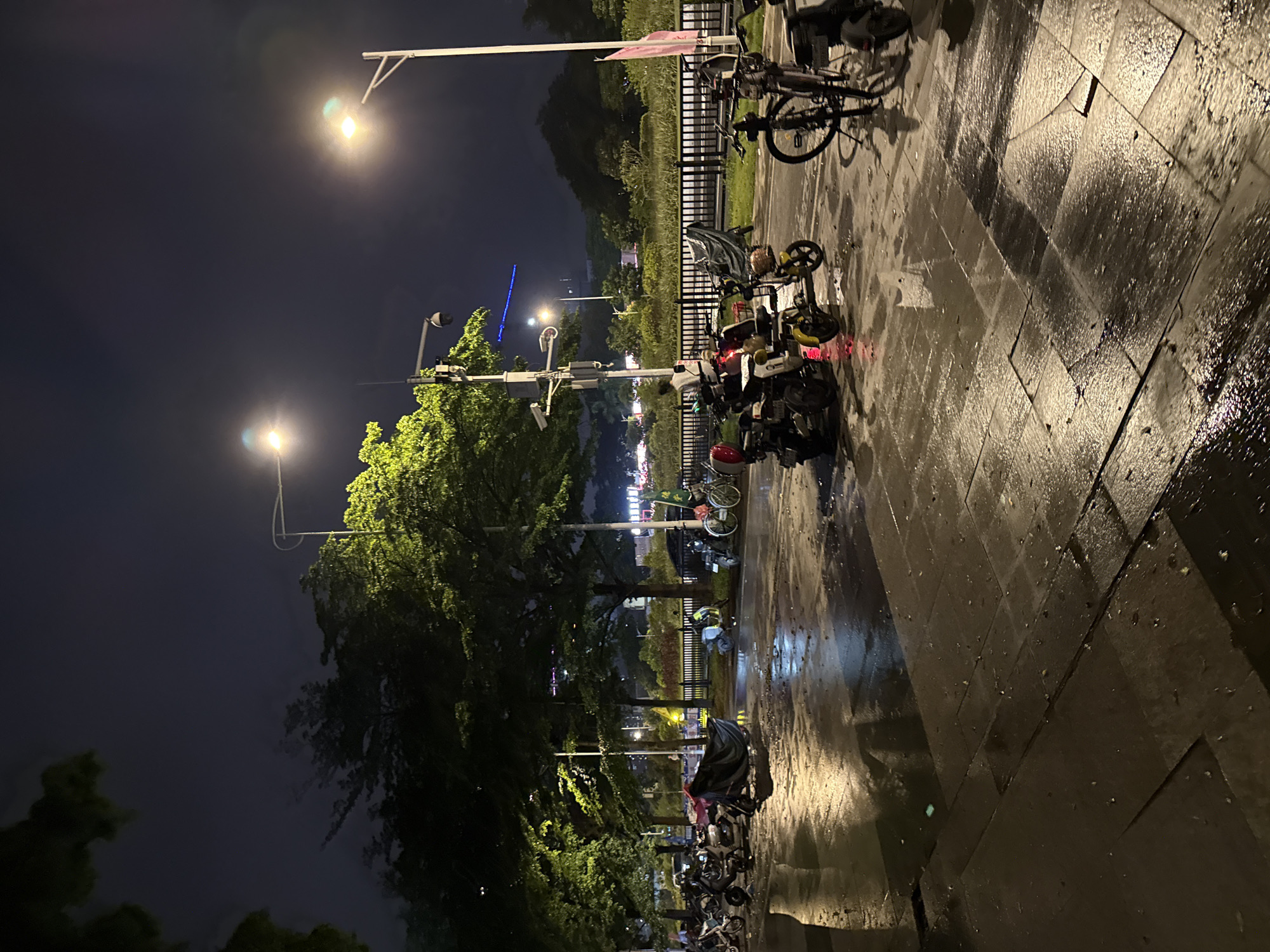 The image depicts a nighttime scene on a wet sidewalk in Haizhu District, China. Several electric scooters and bicycles are parked in rows, with some covered by tarps. Streetlights illuminate the area, casting reflections on the wet pavement. Trees line the sidewalk, and in the background, there are buildings and more greenery. A security camera is visible on a lamppost. The overall atmosphere is quiet and somewhat damp due to the wet conditions.