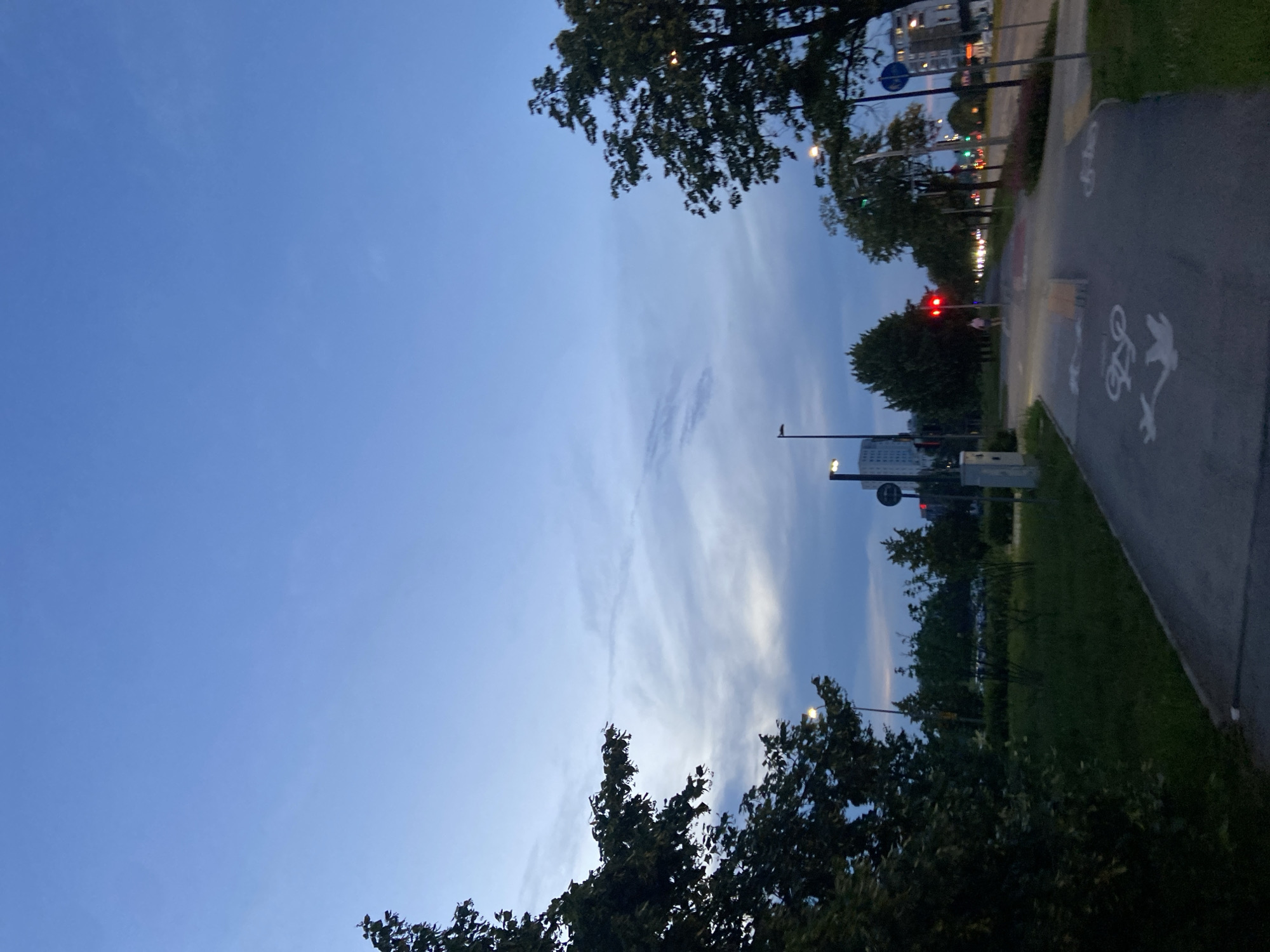 The image depicts an evening scene in Warsaw, Poland, specifically near the intersection of Aleje Jerozolimskie and Piłsudskiego Square. The sky is a deep blue, transitioning into lighter shades with wispy clouds. A paved bicycle path dominates the foreground, marked with white symbols of cyclists. To the left, lush green grass and trees create a natural buffer. In the background, streetlights illuminate the scene, and traffic lights display a red signal. Buildings and trees are visible along the side of the road, indicating an urban environment. The overall impression is one of a calm evening in a well-developed city.