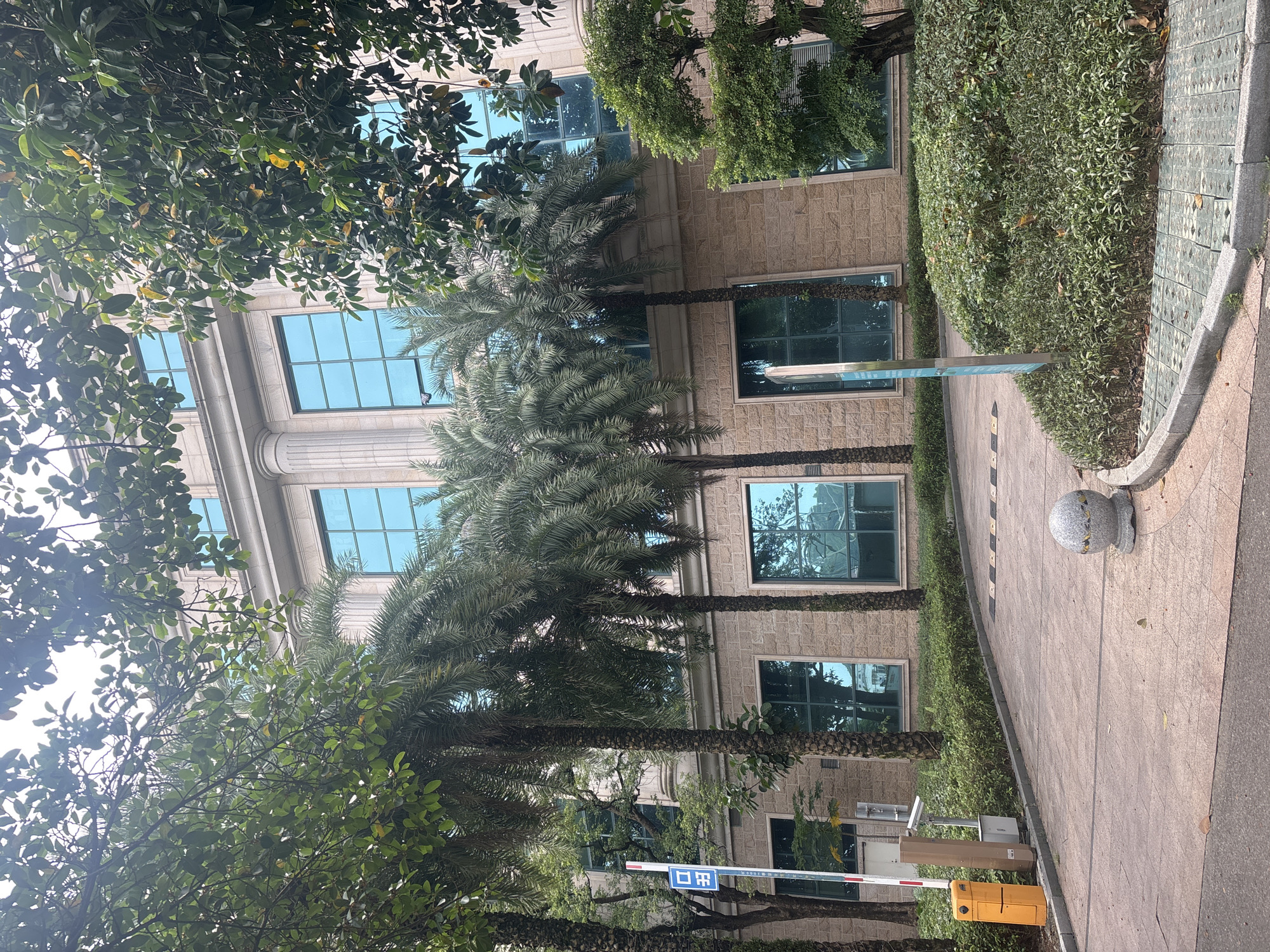 The image captures an exterior view of a stone-clad building with large, blue-tinted windows, likely an office building or a modern structure. Palm trees and lush green foliage surround the building, suggesting a tropical or subtropical environment. In the foreground, a paved pathway leads towards the building, with a bollard and a barrier gate system visible on the left side. A yellow box and a camera are also present near the entrance. The sky is overcast, indicating a diffused light condition. The overall scene is a well-maintained urban landscape with a blend of nature and architecture. The location is identified as Nanhai District, China.