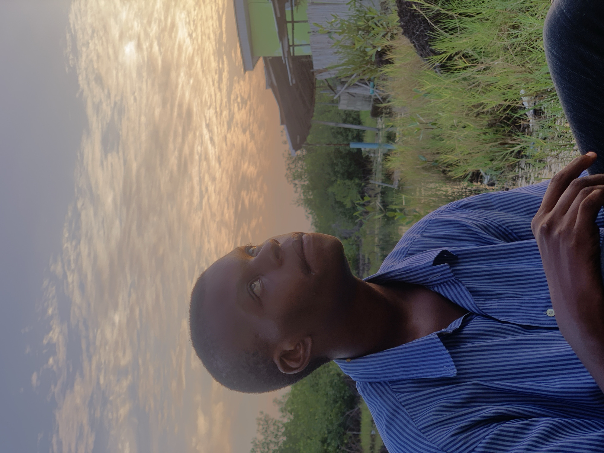 A vertical outdoor shot captures a young adult male, likely in Ibasa, Nigeria, during either sunrise or sunset, as indicated by the warm, golden light illuminating scattered clouds across the sky. The man, positioned on the right side of the frame, is seen from the chest up, with dark skin and short hair. He wears a blue and white striped long-sleeved shirt. His head is tilted upwards, and his gaze is directed contemplatively towards the sky, suggesting a moment of reflection. His left hand is visible, resting near his chest.
The background reveals a rural or semi-rural landscape. Lush green vegetation, including grasses and trees, fills the lower and central-right portions of the image. In the mid-ground, partially hidden by foliage, are simple structures, one featuring a distinct light green roof, indicative of local architecture. The soft, diffused light and tranquil setting evoke a peaceful atmosphere. No text is visible in the image.