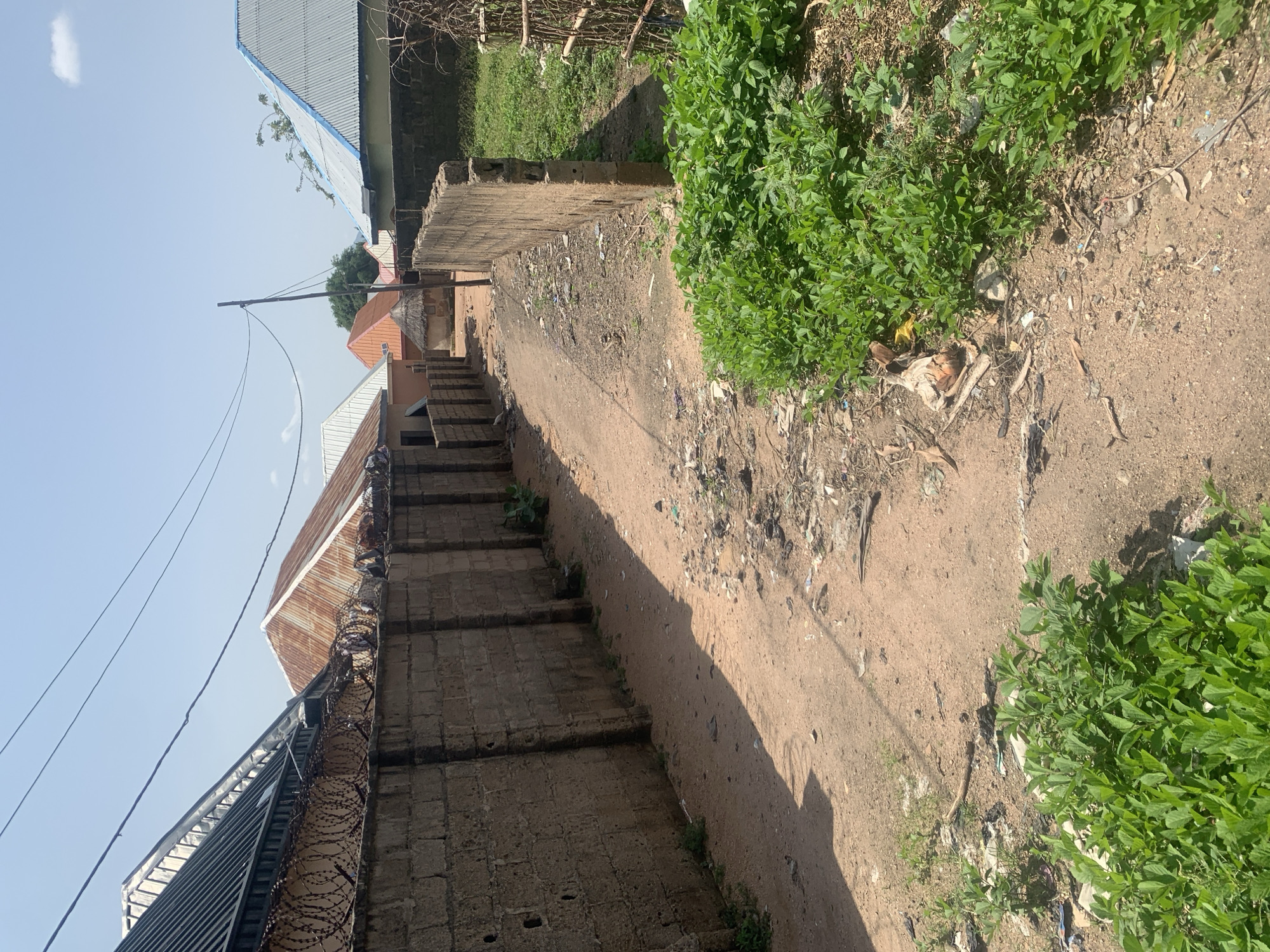 The image depicts a narrow, unpaved alleyway in a residential area of Jalingo, Nigeria. The alley is flanked by high brick walls topped with barbed wire on the left and a lower, partially collapsed brick wall on the right. The ground is composed of reddish-brown earth, littered with various debris, including plastic waste, paper, and organic matter. Lush green vegetation, appearing somewhat overgrown, encroaches into the alley from the right side.
Several buildings with corrugated metal roofs are visible beyond the walls. On the left, a structure with a dark, ribbed metal roof is prominent, with a rusted, ridged metal roof visible behind it. Further down the alley, on the right, a building with a light blue corrugated metal roof and pale green walls can be seen. In the distance, a small, round hut with a thatched roof is present.
Overhead, a telephone pole with multiple wires stretches across the sky, which is a clear blue with a few wisps of white cloud. The lighting suggests it is daytime, with strong sunlight casting sharp shadows across the alley. No people are present in the scene, and there are no visible signs of recent activity, giving the impression of an abandoned or neglected space. The overall environment appears to be a typical, modest urban or semi-urban dwelling area in the region.