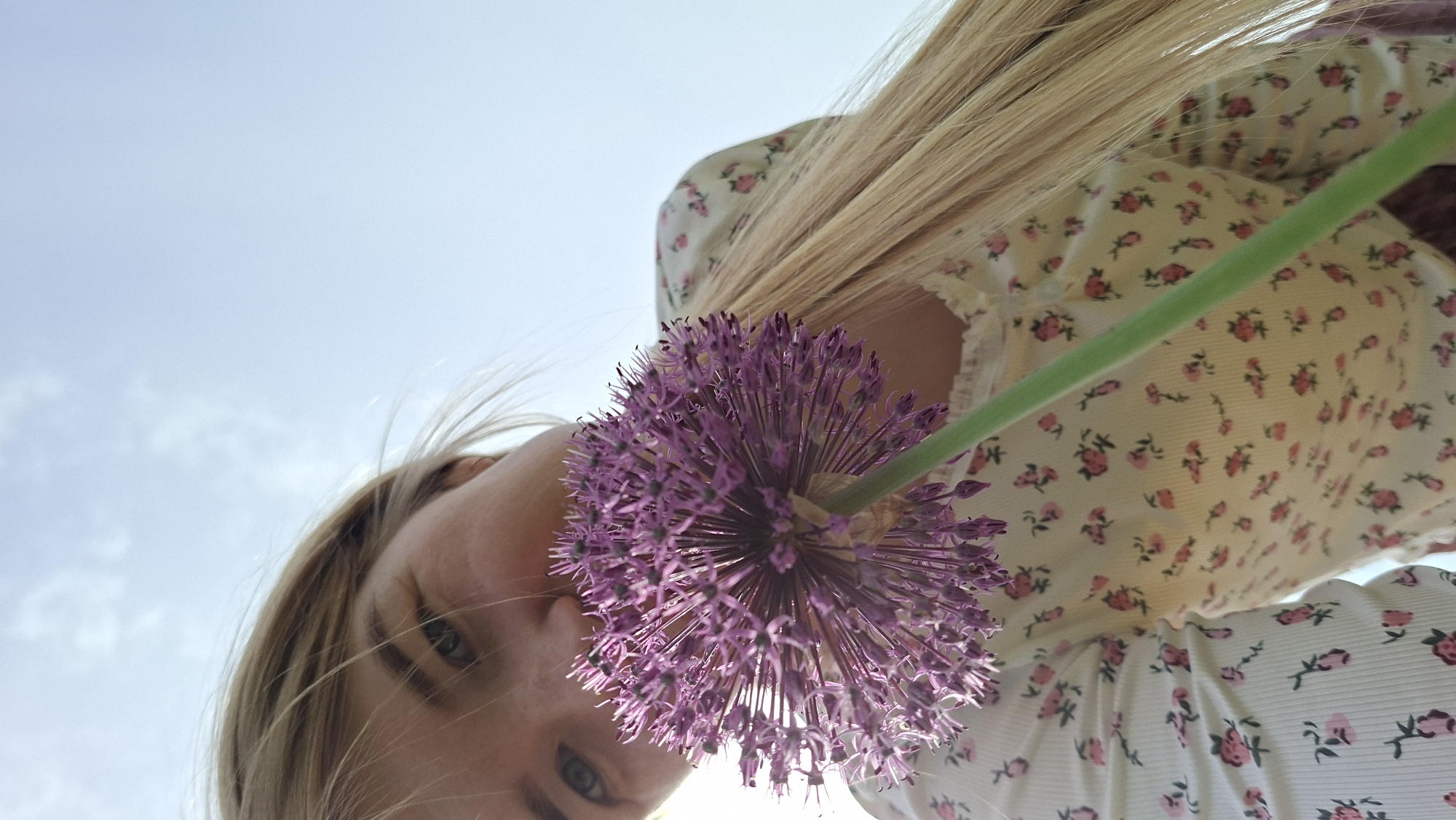 A low-angle shot features a young woman holding a purple allium flower. The flower is positioned in the center of the frame, partially obscuring the woman's face. She has light blonde hair and is wearing a light-colored blouse with a floral print. The background is a clear, light blue sky. The location cannot be determined from the image.