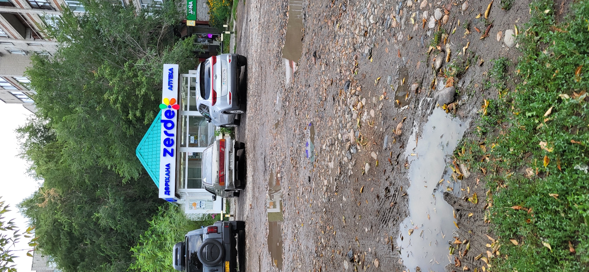 The image depicts an outdoor scene in what appears to be a commercial area, likely in the city of Oskemen, Kazakhstan, given the license plates. In the foreground, a muddy, pebbled ground surface is visible, with several puddles reflecting the overcast sky and surrounding environment. Fallen leaves are scattered across the wet ground.
In the mid-ground, three cars are parked in front of a small building with a teal-colored, pitched roof. The building has a white facade with large windows and a prominent sign above. The sign features blue Cyrillic text, "ДОРИХАНА," followed by the brand name "zerde" in blue, with colorful circles representing dots. To the right of "zerde," there is more blue Cyrillic text, "АПТЕКА." This indicates the building is a pharmacy named "Zerde Pharmacy."
The cars are, from left to right: a dark-colored SUV with a spare tire mounted on the rear door and a roof rack; a light-colored sedan with its rear facing the camera; and a silver SUV. The license plate on the silver SUV is visible and appears to be a Kazakh plate.
Behind the building, dense green trees and foliage form a natural backdrop. To the right of the pharmacy, a glimpse of another building and a separate entrance with a green sign reading "JANA" is visible, suggesting a multi-business location.
The overall impression is a slightly unkempt, everyday urban setting, likely on a cloudy or rainy day given the wet ground and puddles. There are no people clearly visible within the frame of the main pharmacy building or directly interacting with the vehicles. However, a figure is partially visible in the doorway of the "JANA" establishment to the right, appearing to be a person in the process of entering or exiting.
