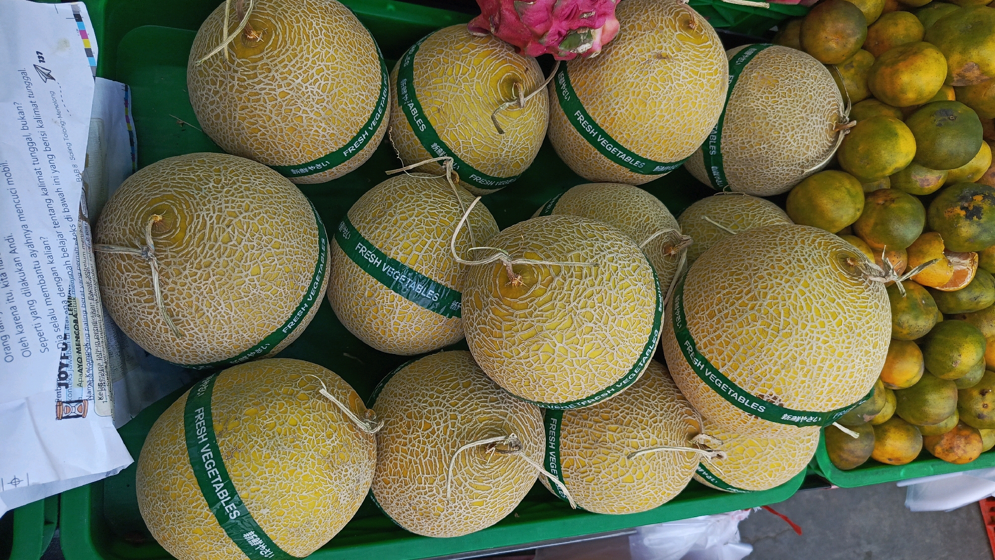 A high-angle close-up shot captures a vibrant display of ripe cantaloupes and oranges in a green plastic crate. The cantaloupes, predominantly in the foreground, exhibit a netted, golden-yellow rind, each encircled by a green band imprinted with "FRESH VEGETABLES" in white lettering. Some cantaloupes are tied with string. In the background, a cluster of oranges, varying in color from bright orange to greenish-yellow, are piled together. Some oranges have been cut open, revealing their juicy interiors. A pinkish, textured fruit, possibly a dragon fruit, rests atop some of the cantaloupes. A piece of paper with text and some printing is visible on the left side of the crate. The scene is set outdoors, likely at a market in Mangunsuman, Indonesia, given the context.