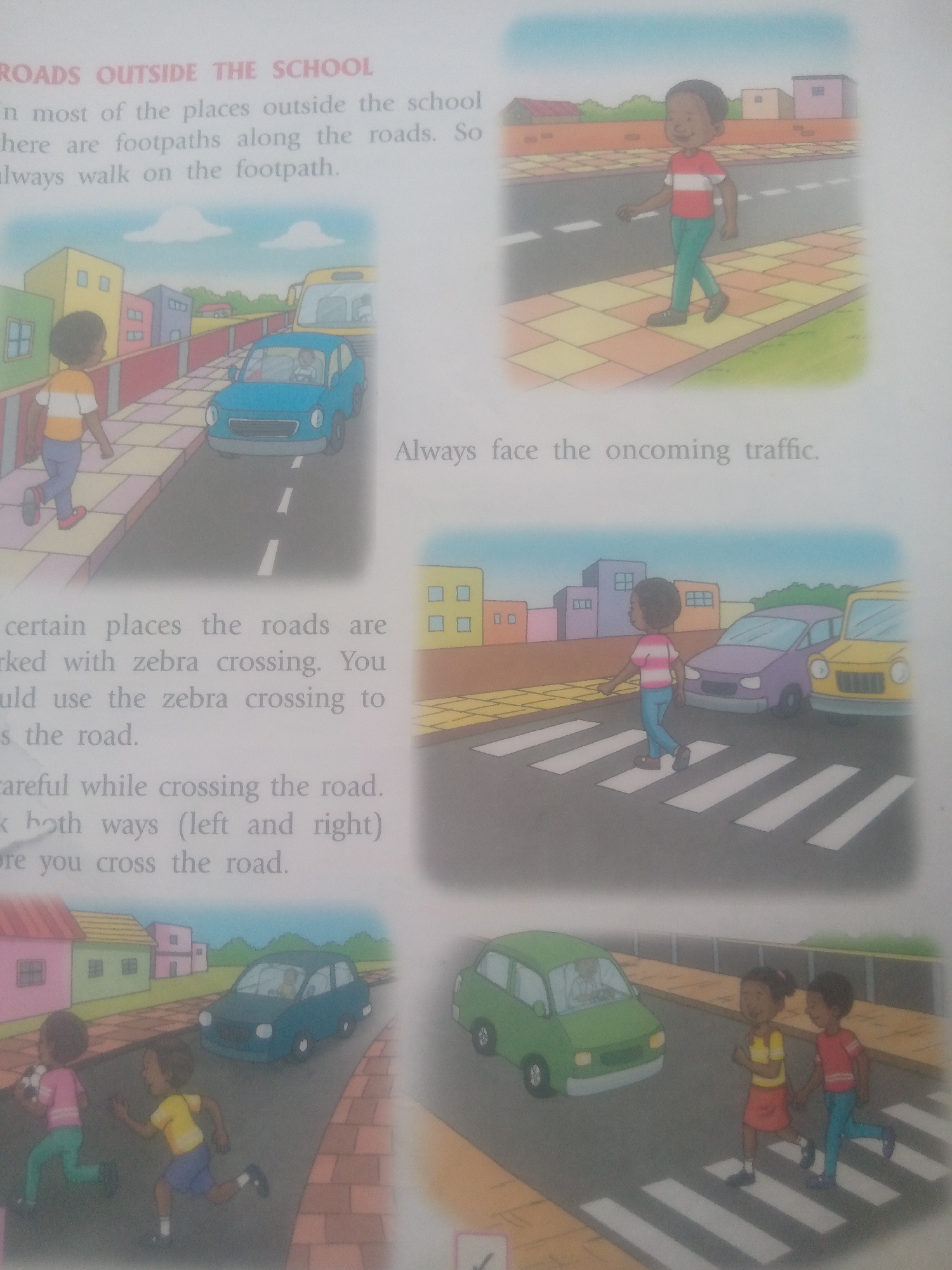 The image depicts a street scene in a residential area with a sidewalk and a road. A young boy in a red and white striped shirt and teal pants is walking on the sidewalk, facing right. On the road, a blue car is driving away from the viewer, and a yellow bus is visible in the background.
In another section of the image, a young girl in a pink and white striped shirt and teal pants is walking across a zebra crossing, facing right. A purple car and a yellow car are stopped on the road, facing the girl.
Further down, two children, a boy and a girl, are running on the sidewalk, carrying a soccer ball. A blue car is driving on the road behind them.
In the bottom right corner, two children, a boy and a girl, are holding hands and walking across a zebra crossing. A green car is stopped on the road, facing them. The environment appears to be daytime with a clear sky. The buildings in the background are multi-story structures.