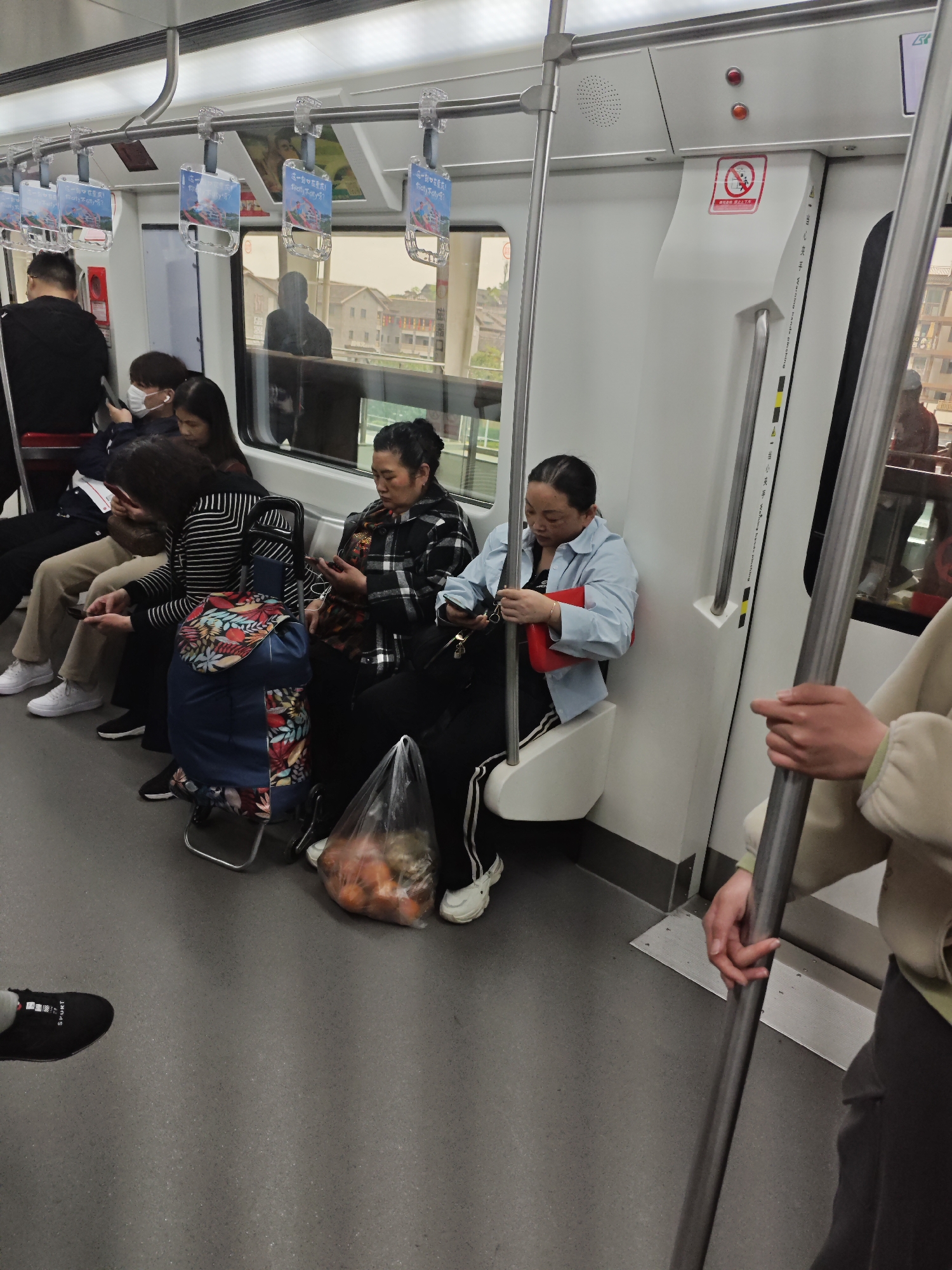 The image depicts the interior of a train in the Shapingba District, China. Multiple people are seated, many of whom are using mobile phones. Some individuals are standing, gripping vertical handrails. A large plastic bag filled with produce rests on the floor. Above, overhead handrails are visible, as well as signage. Outside the train windows, buildings and a hazy skyline are apparent.