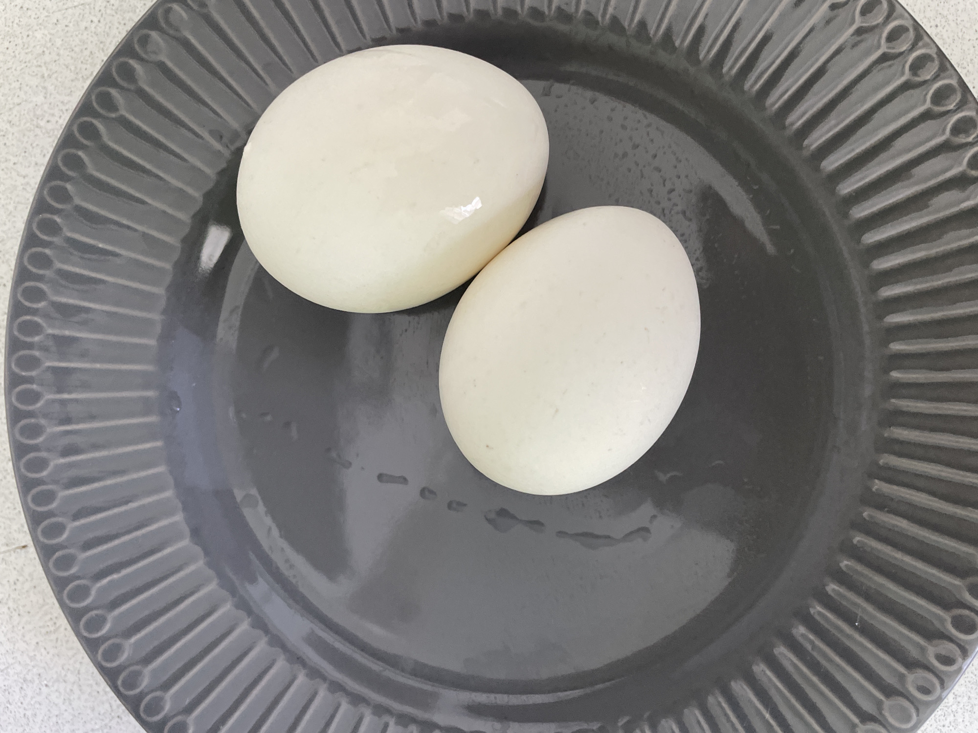 Two peeled, hard-boiled eggs are placed on a dark gray, ribbed plate. The eggs are pale white and slightly glossy, suggesting they may have been recently cooked or rinsed. The plate has a decorative rim with raised, linear patterns that end in small circles. The surface of the plate has some small water droplets scattered across it. The background appears to be a light-colored, textured surface, possibly a countertop or table. The scene is illuminated from above, casting subtle shadows.