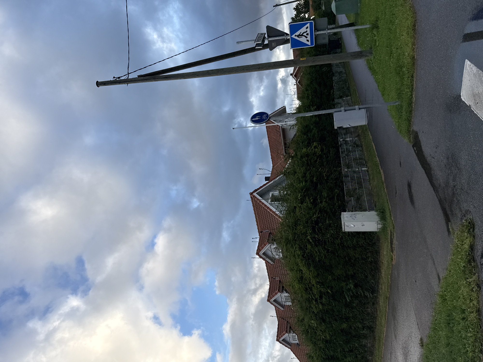 The image shows a street scene in Peetri alevik, Estonia, on an overcast day. A row of houses with red tile roofs and dormer windows is visible behind a thick green hedge. A paved road and a pedestrian path run in the foreground and midground. Several street signs are present, including a blue circular sign with a pedestrian and bicycle symbol, a triangular sign with a red border and an unknown symbol, and a square blue sign with a white pedestrian symbol indicating a crosswalk. A wooden utility pole with electrical wires stands on the right side of the image. A light gray electrical box or utility cabinet is situated near the hedge on the left side of the pedestrian path. The ground is wet, suggesting recent rain. The sky is filled with dramatic, dark clouds.