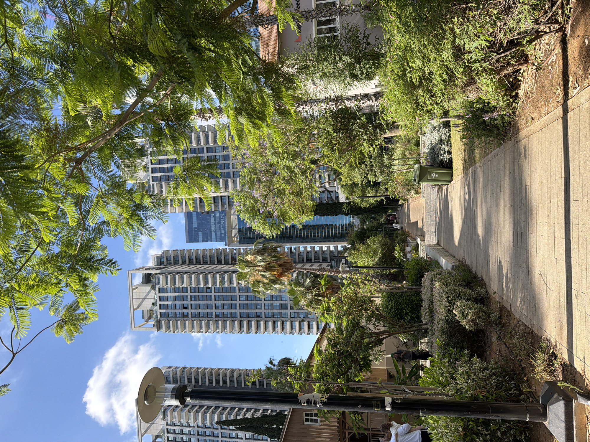This image depicts a street scene in Tel Aviv, Israel, featuring a paved walkway lined with lush greenery and several modern high-rise buildings in the background. The walkway leads the viewer into the scene, suggesting a public area or park within the city. On the left side of the walkway, a tall black lamppost stands prominently, with a light fixture at its top. Adjacent to the lamppost, a low wooden structure with a white-trimmed window is visible. Further down the walkway, several people are seen walking, with some engaged in conversation. To the right of the walkway, a vibrant green trash bin is placed near a manicured lawn area. The buildings in the background are contemporary in design, with many balconies and glass facades, indicative of urban development. The sky above is blue with scattered white clouds, and the sunlight casts shadows across the ground, suggesting it is daytime. The presence of palm trees and dense foliage indicates a warm climate. The overall impression is that of a well-maintained urban environment that balances modern architecture with abundant green spaces.