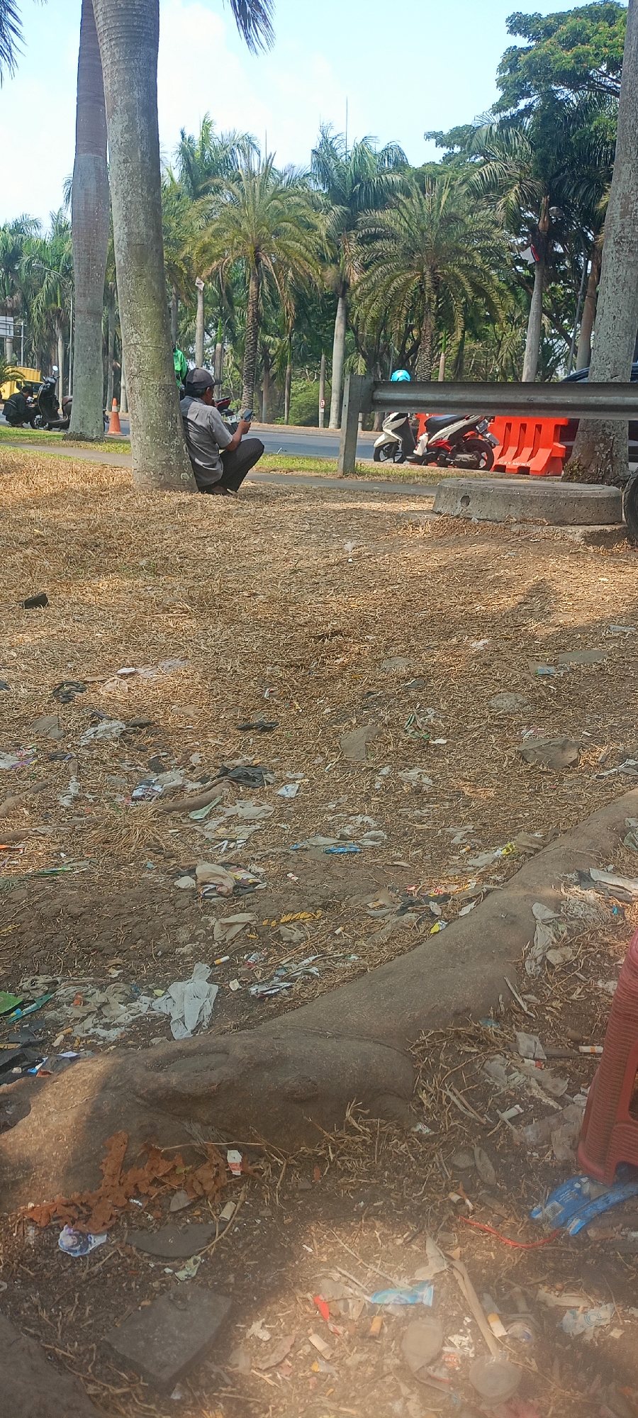 A man wearing a grey shirt and a cap is squatting against a tree trunk, looking at his phone. He is on a grassy area covered with dry leaves and scattered litter. In the background, there are palm trees, a road with a few motorcycles, and orange traffic barriers. The scene appears to be a public space in Kertajaya, Indonesia, with evidence of neglect and littering.